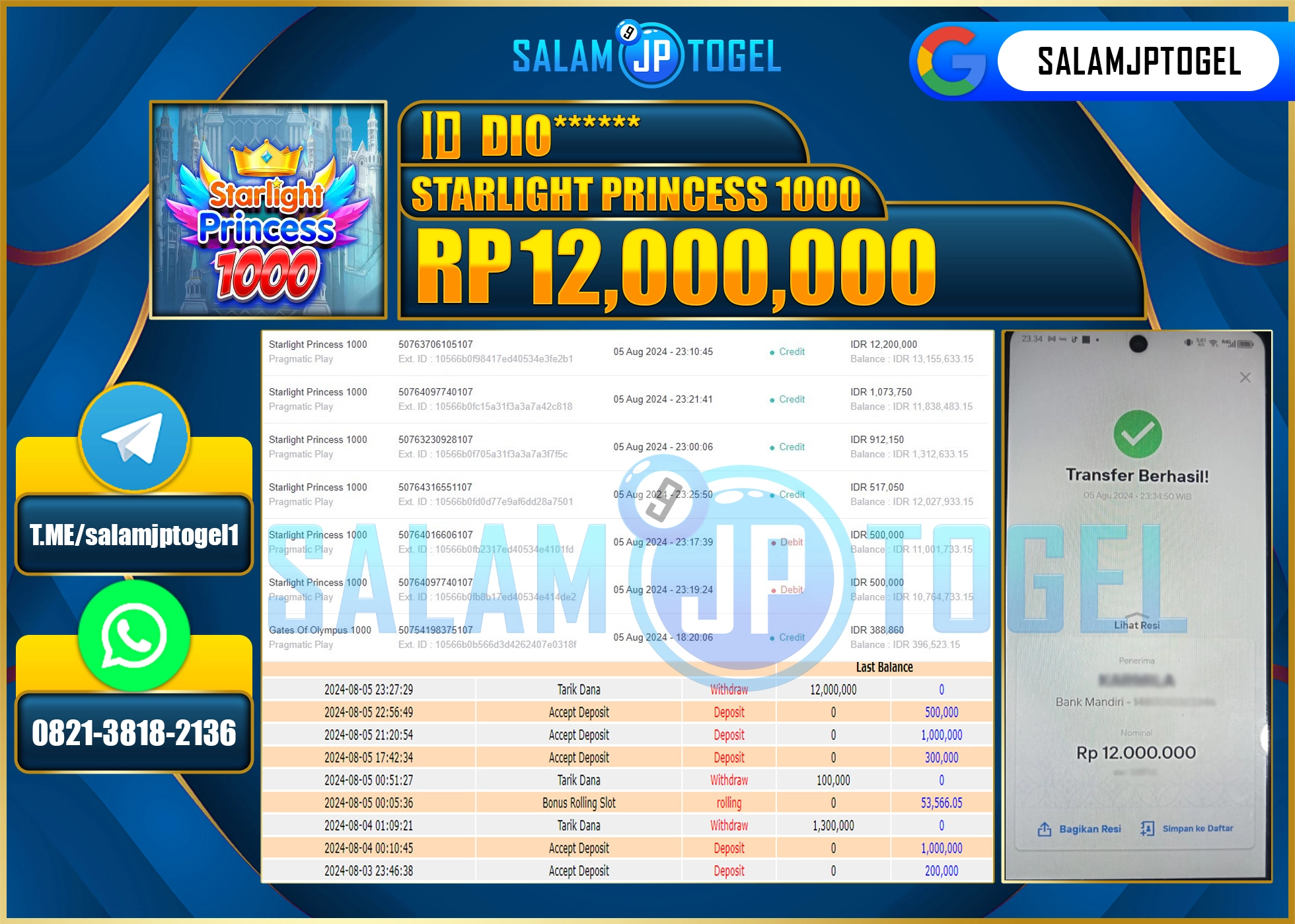 SALAMJPTOGEL MENANG SLOT STARLIGHT PRINCESS 1000 RP. 12,000,000 LUNAS