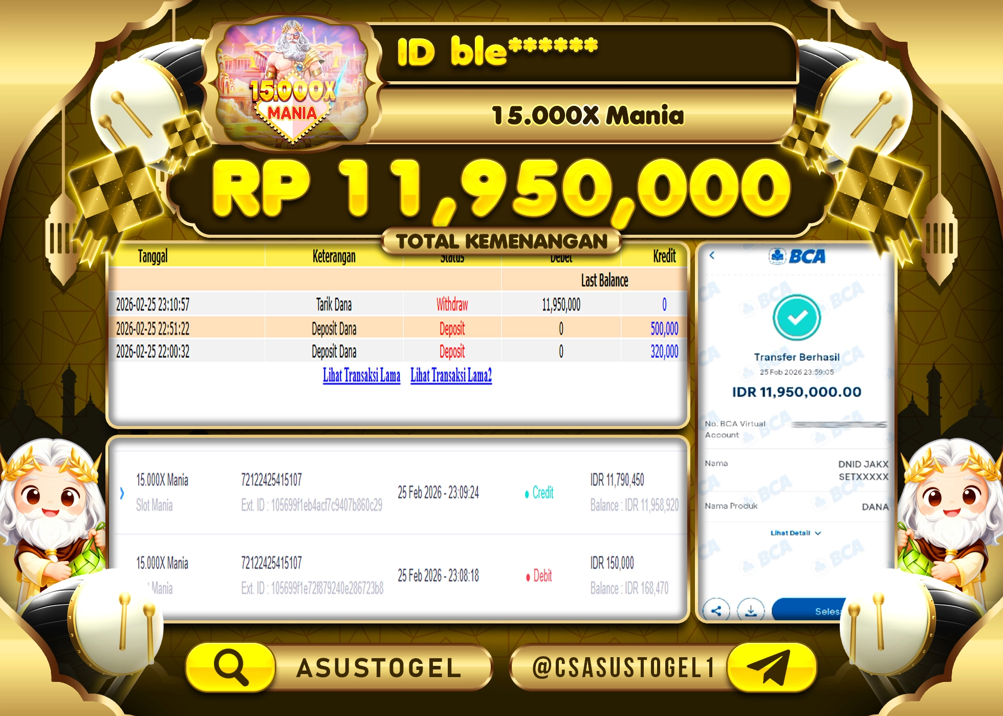 ASUSTOGEL KEMENANGAN DI SLOT 15.000X MANIA SEBESAR 11,950,000 - RUPIAH LUNAS