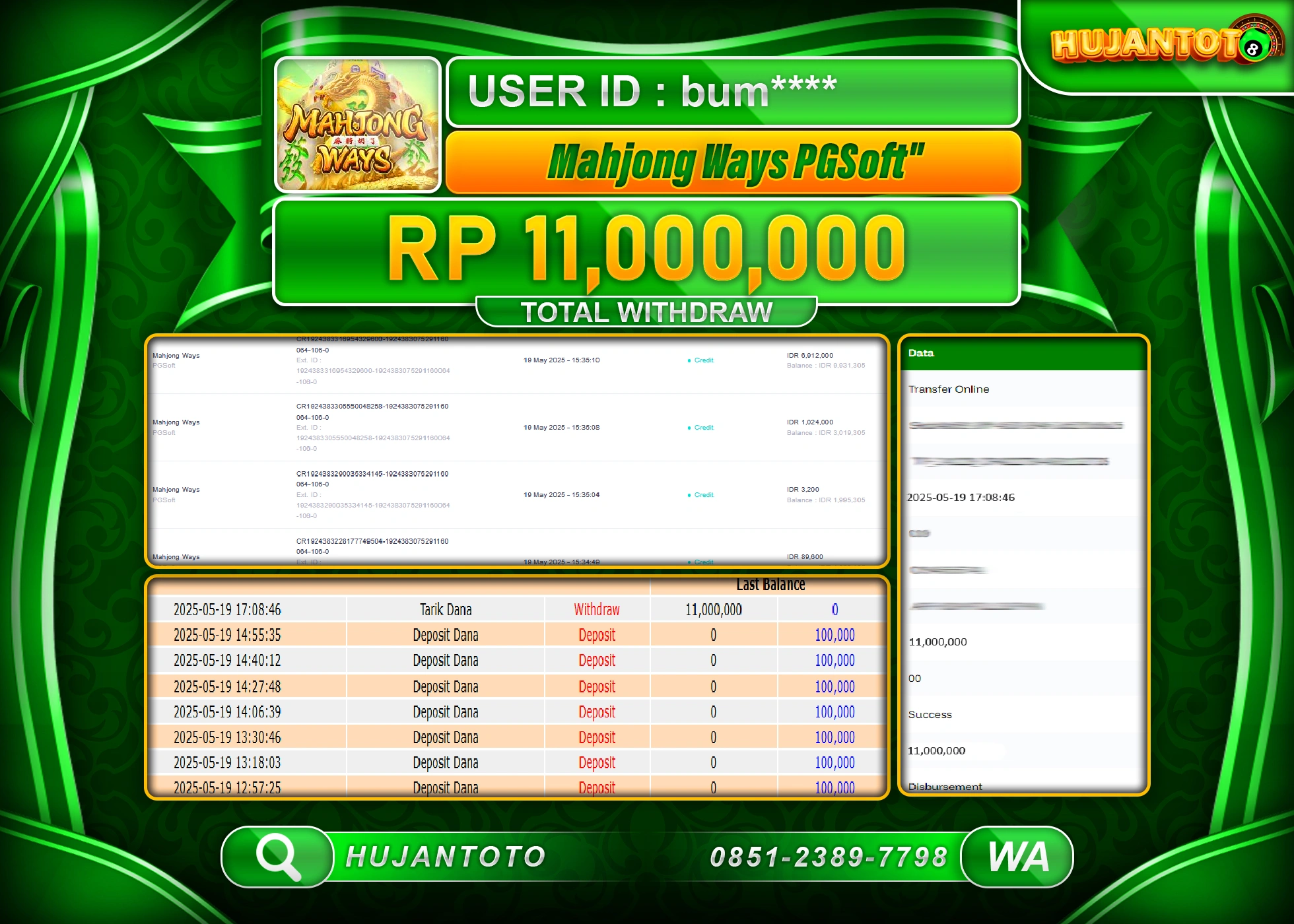 HUJANTOTO - BUKTI JACKPOT MENANG SLOT MAHJONG WAYS PG SOFT Rp,11,000,000 - TERBAYAR LUNAS