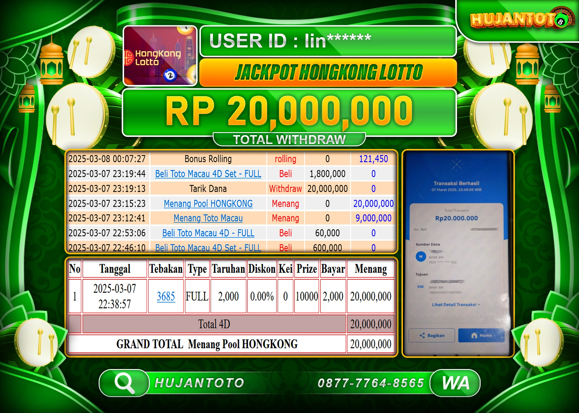HUJANTOTO - BUKTI JACKPOT MENANG TOGEL HONGKONG LOTTO Rp,20,000,000 - TERBAYAR LUNAS