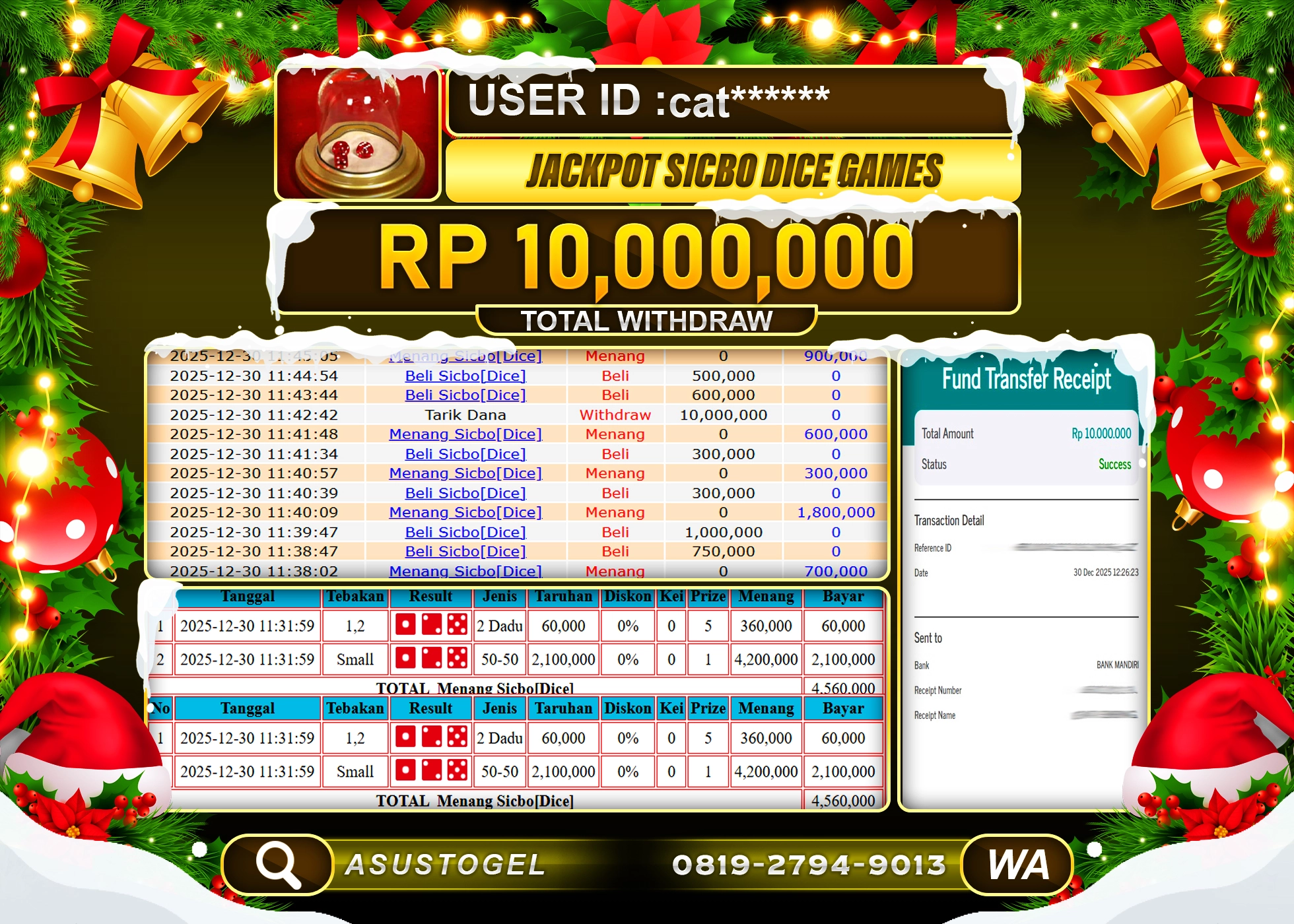 ASUSTOGEL KEMENANGAN DI SICBO DICE LIVEGAME  SEBESAR 10,000,000 - RUPIAH LUNAS
