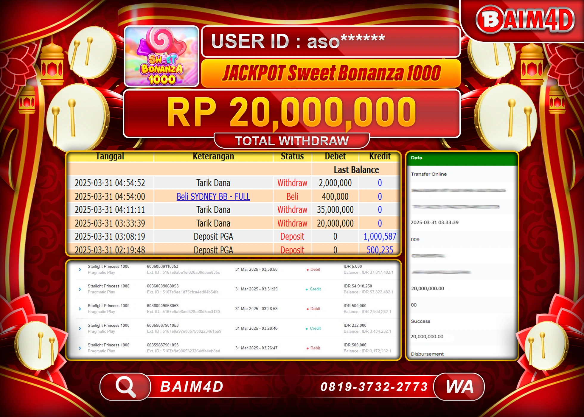 BAIM4D  MENANG SWEET BONANZA 1000 Rp.20.000,000.- LUNAS