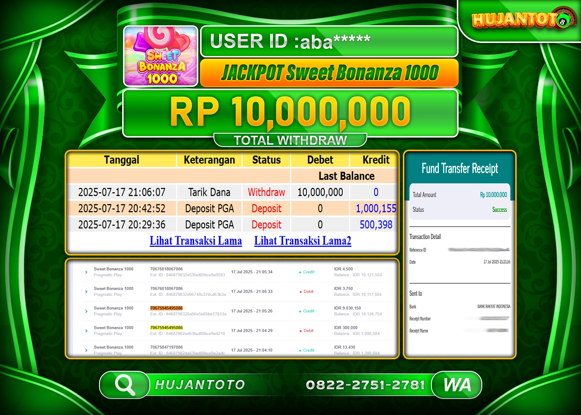 HUJANTOTO - BUKTI JACKPOT MENANG SLOT SWEET BONANZA 1000  Rp.10,000,000 - TERBAYAR LUNAS