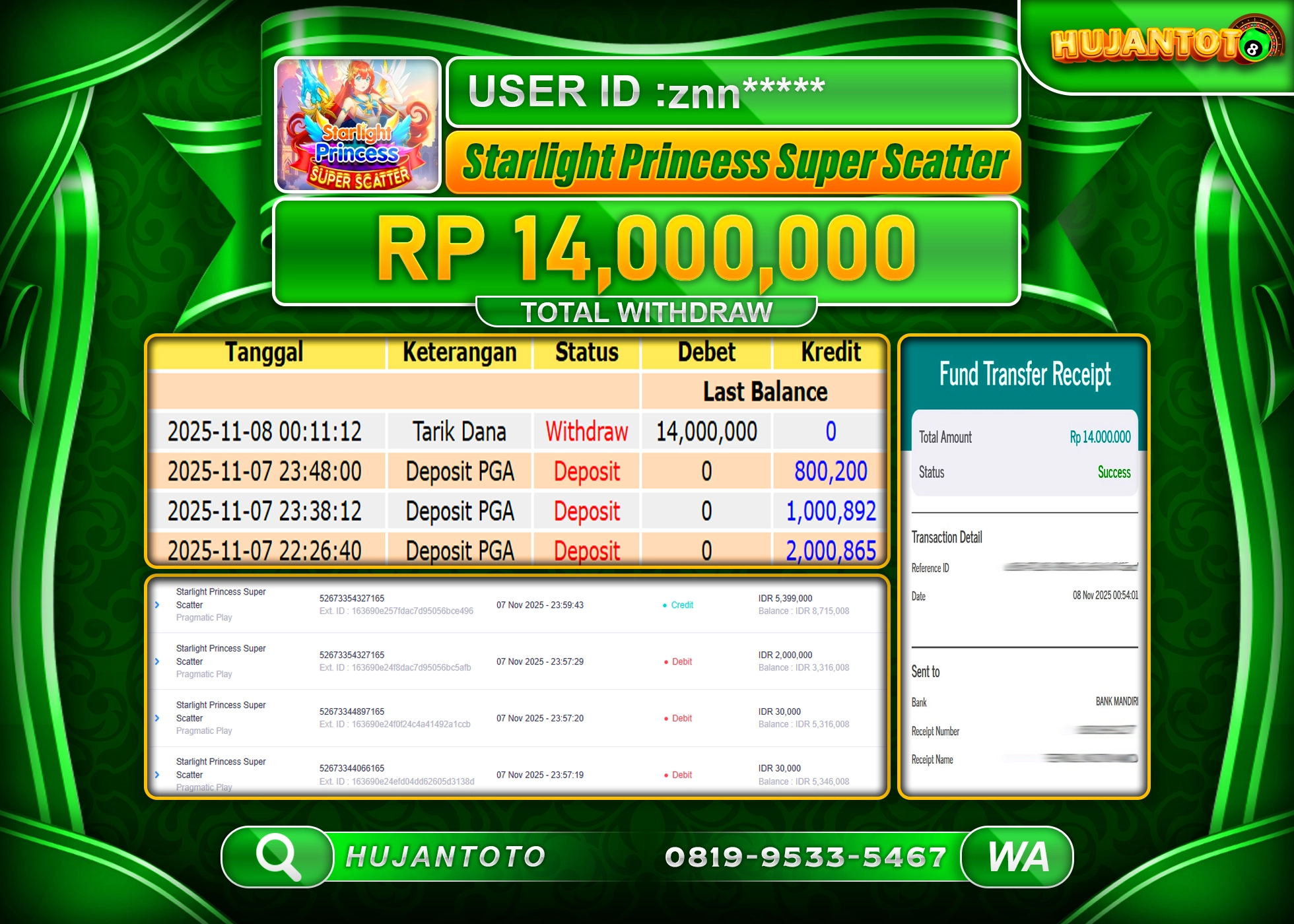 HUJANTOTO - BUKTI JACKPOT MENANG STARLIGHT PRINCESS SUPER SCATTER Rp.14,000,000  - TERBAYAR LUNAS