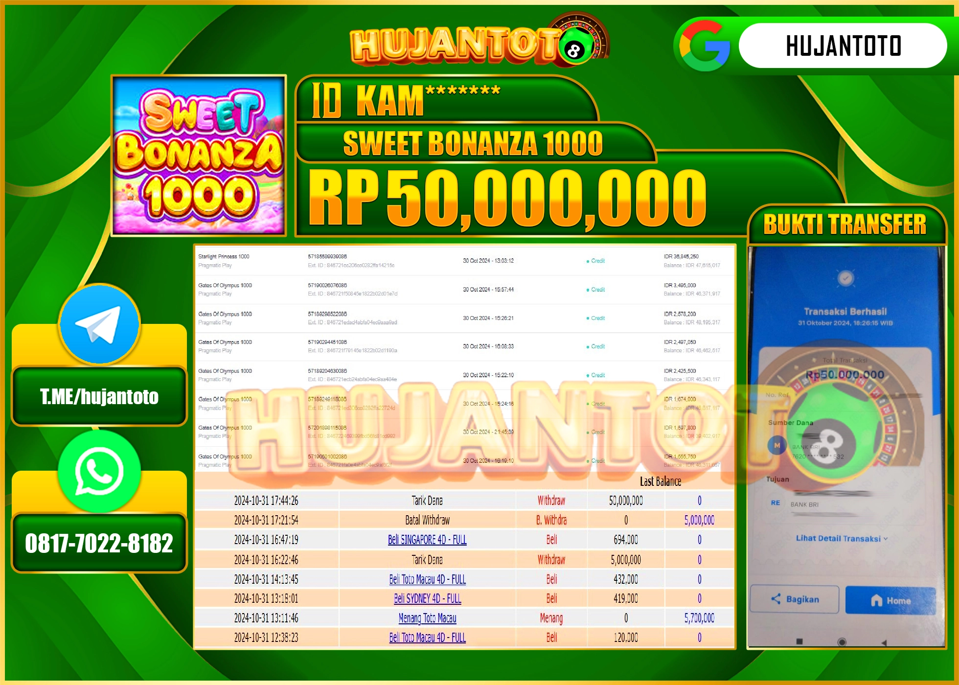 HUJANTOTO MENANG DI PERMAINAN SWEET BONANZA 1000 - 50,000,000 - LUNAS
