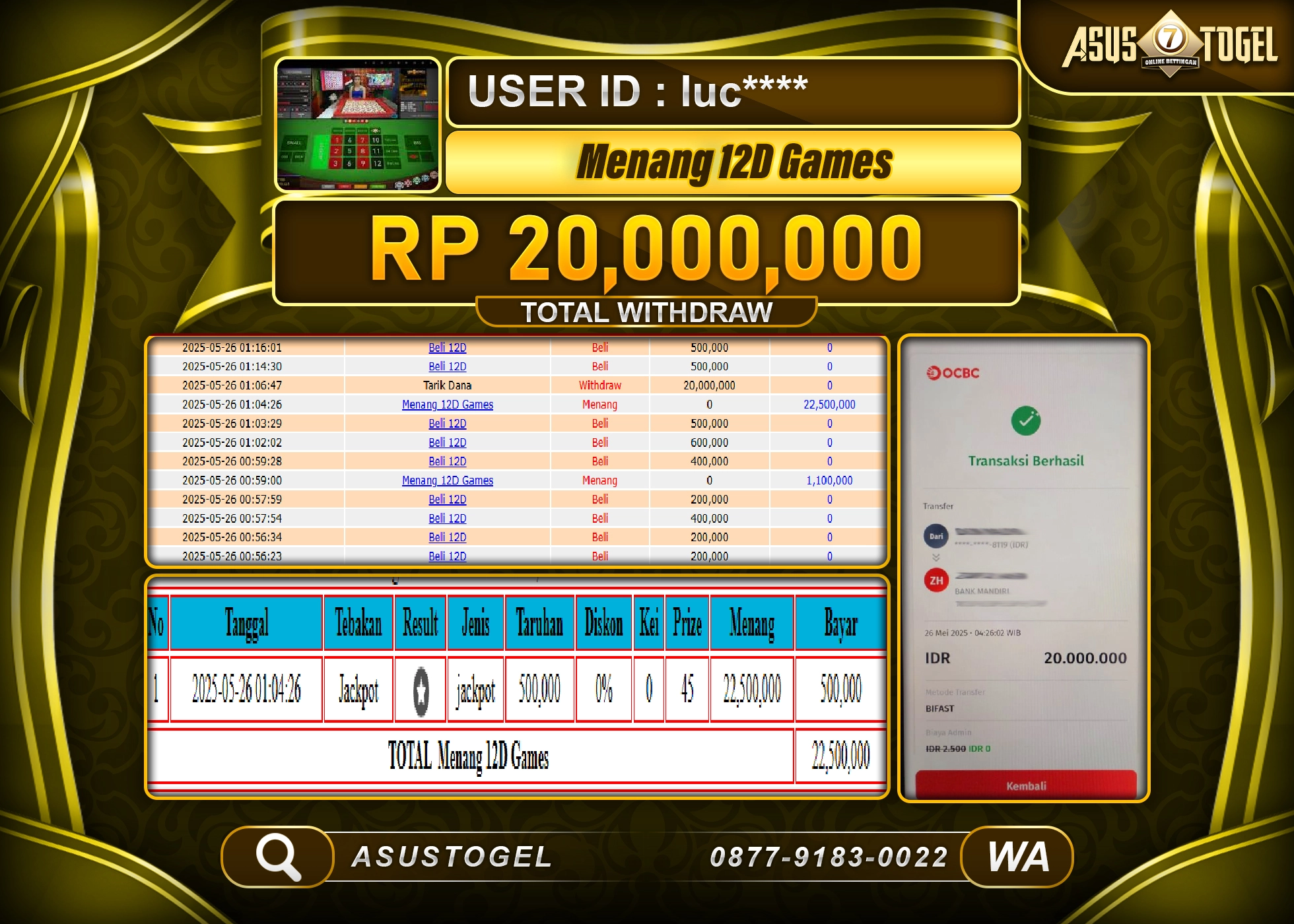  ASUSTOGEL KEMENANGAN DI PERMAINAN LIVE 12D GAMES SEBESAR 20,000,000- RUPIAH LUNAS