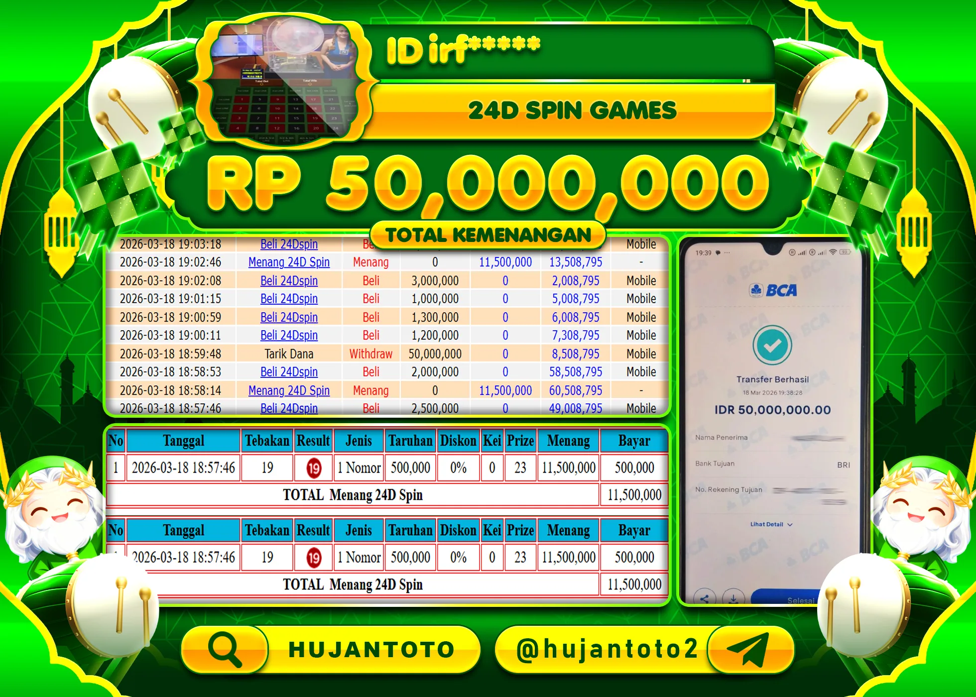HUJANTOTO - BUKTI JACKPOT MENANG LIVEGAMES 24D SPIN Rp.50,000,000 - TERBAYAR LUNAS