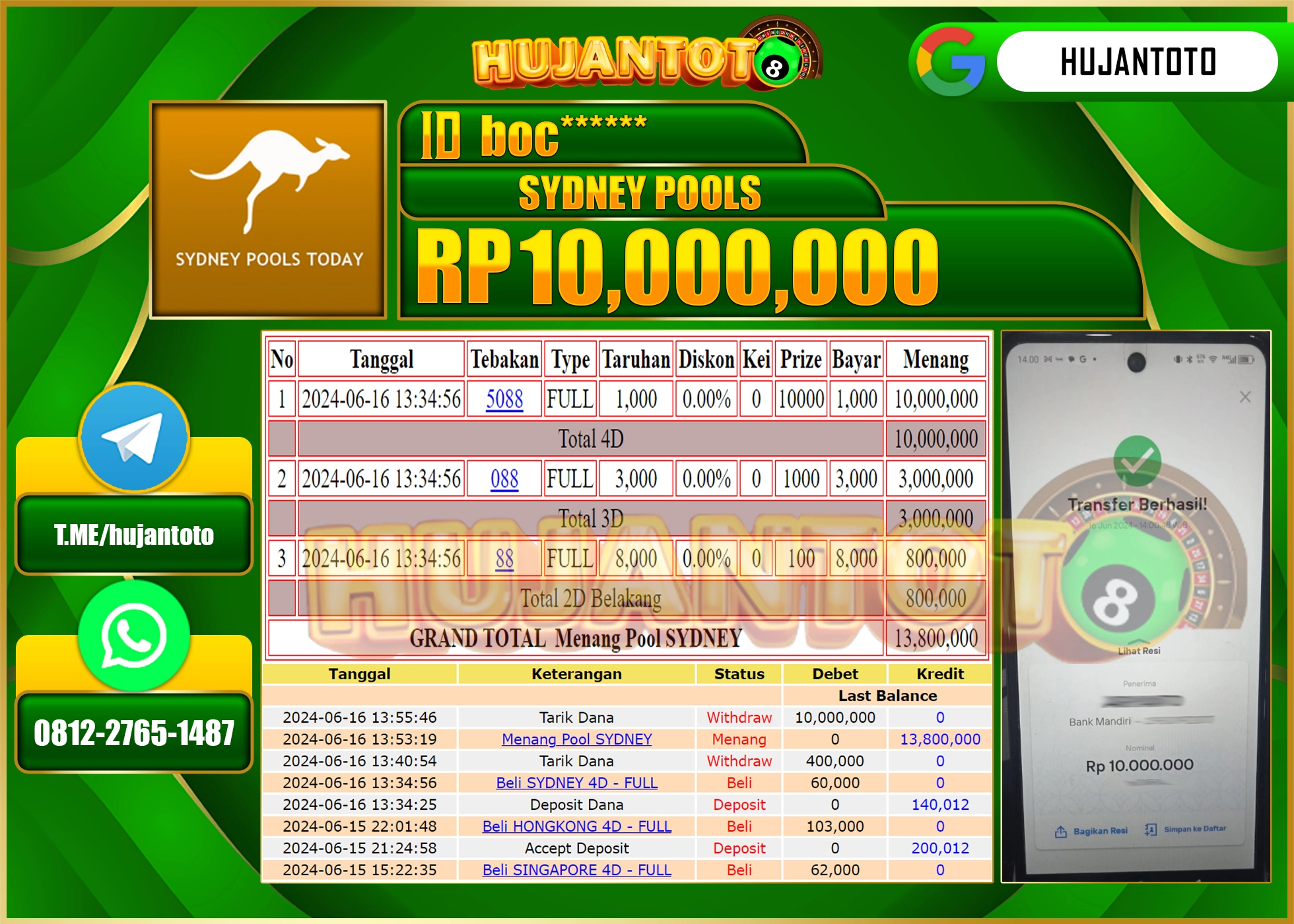 HUJANTOTO MENANG DI SYDNEY POOLS 10.000.000 - LUNAS 