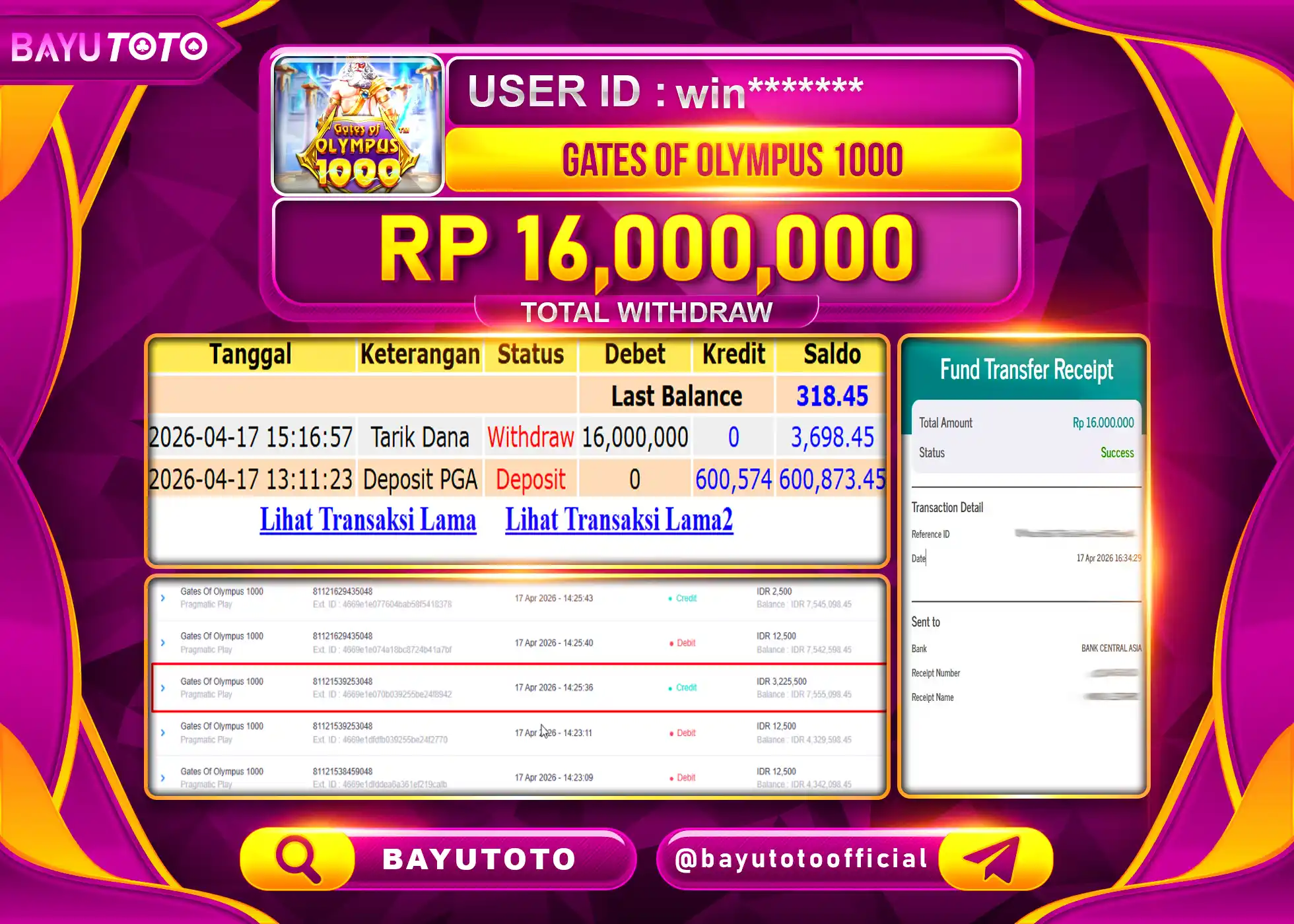 SELAMAT MEMBER BAYUTOTO JACKPOT DI  GATES OF OLYMPUS 1000  Rp. 16,000,000 LUNAS
