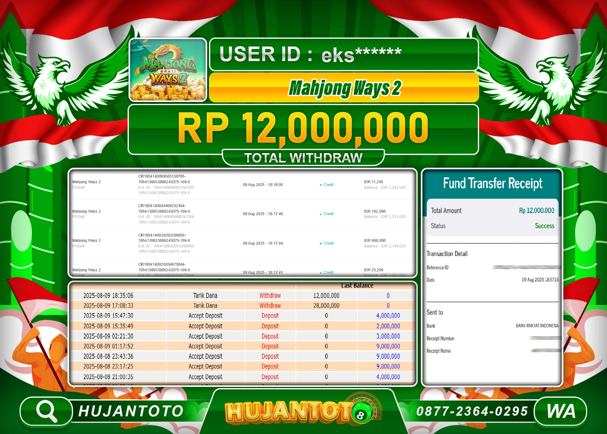 HUJANTOTO - BUKTI JACKPOT MENANG SLOT MAHJONG WAYS 2 Rp.12,000,000 - TERBAYAR LUNAS