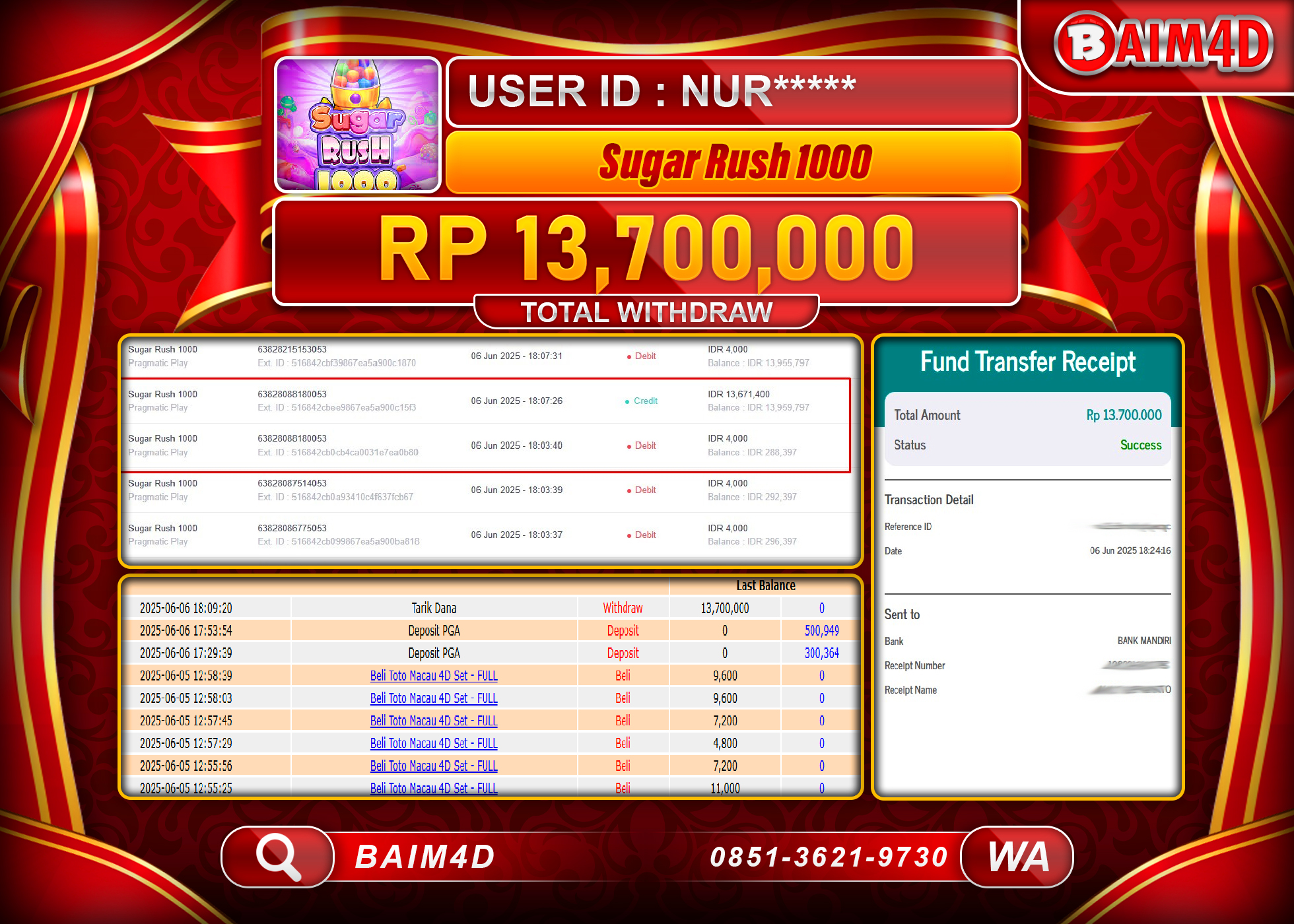 BAIM4D JACKPOT MENANG SLOT SUGAR RUSH 1000 Rp.13,700,000.- LUNAS