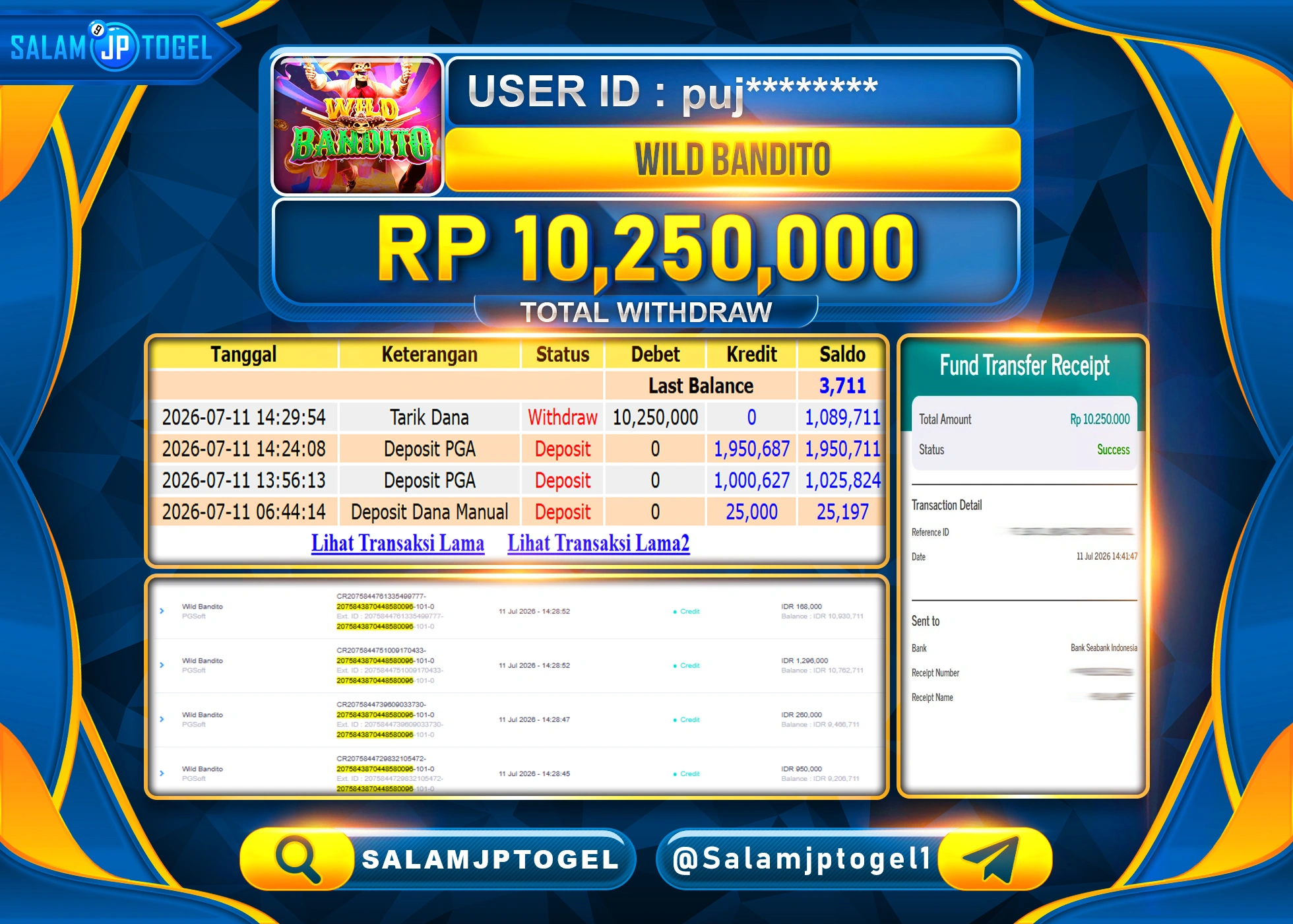 SALAMJPTOGEL JACKPOT MENANG SLOT WILD BANDITO Rp.10,250,000 - LUNAS