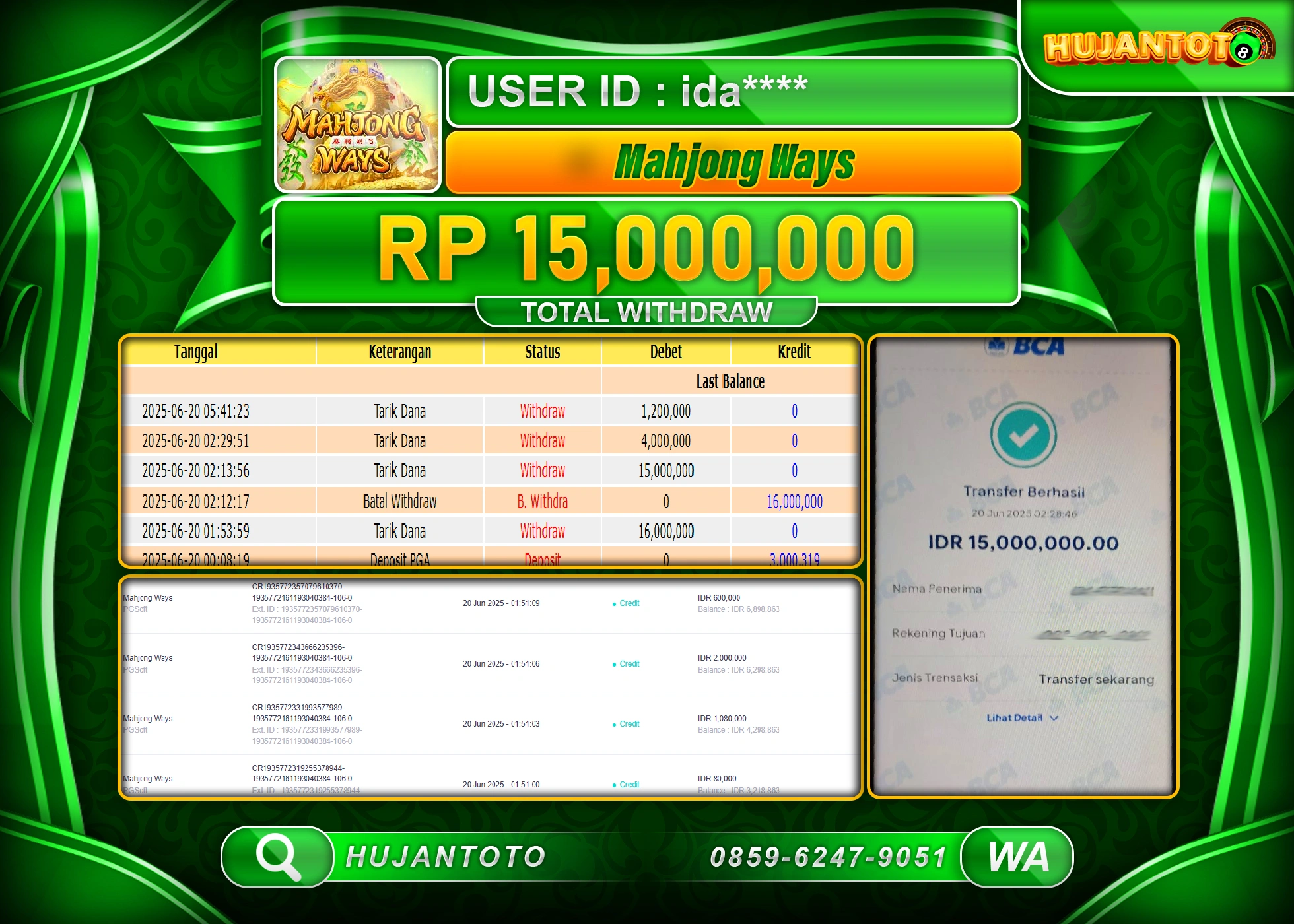 HUJANTOTO - BUKTI JACKPOT MENANG SLOT PG SOFT MAHJONG WAYS  Rp.15,000,000 - TERBAYAR LUNAS