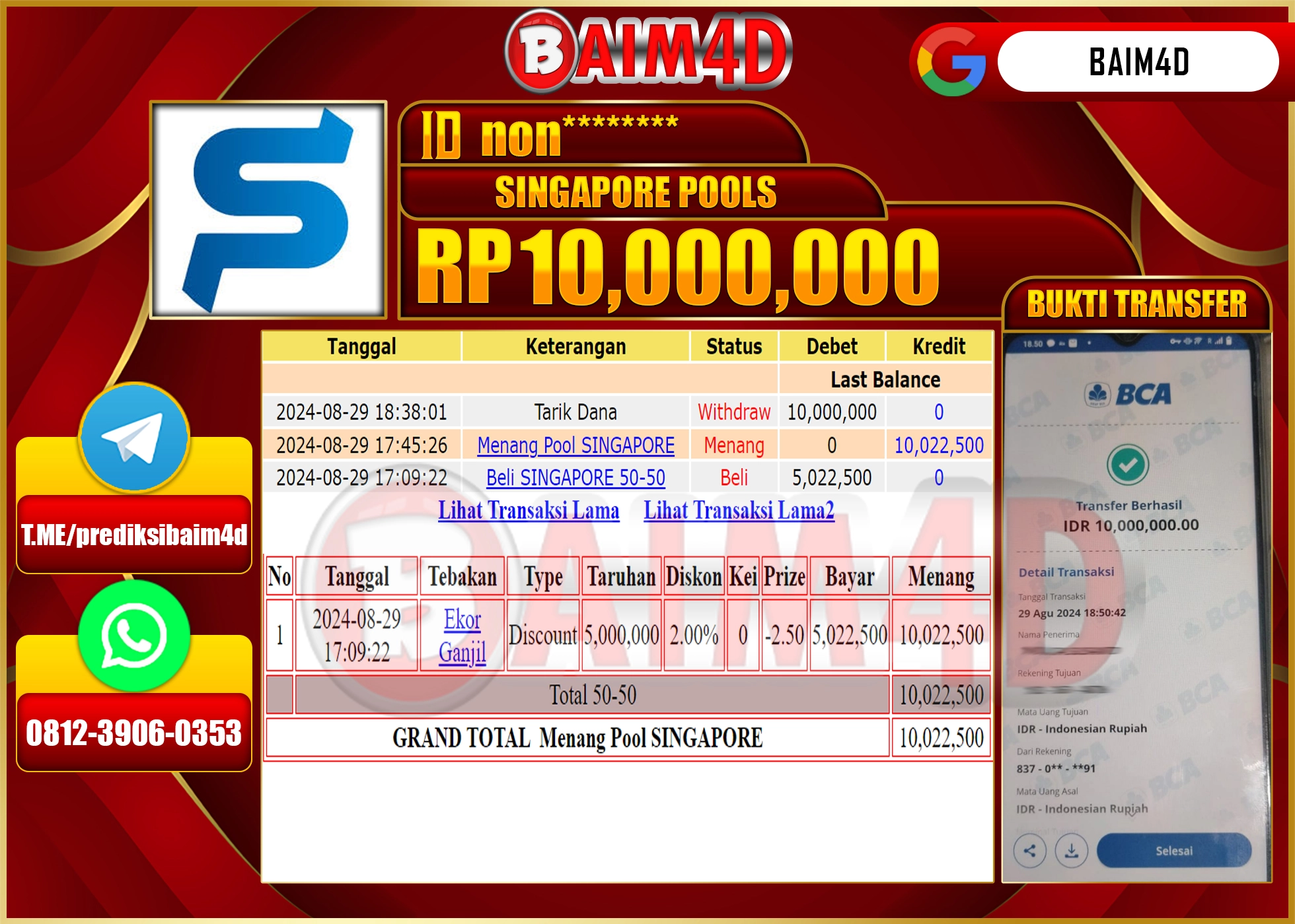 BAIM4D JACKPOT MENANG SINGAPORE POOLS Rp.10.000,000.- LUNAS