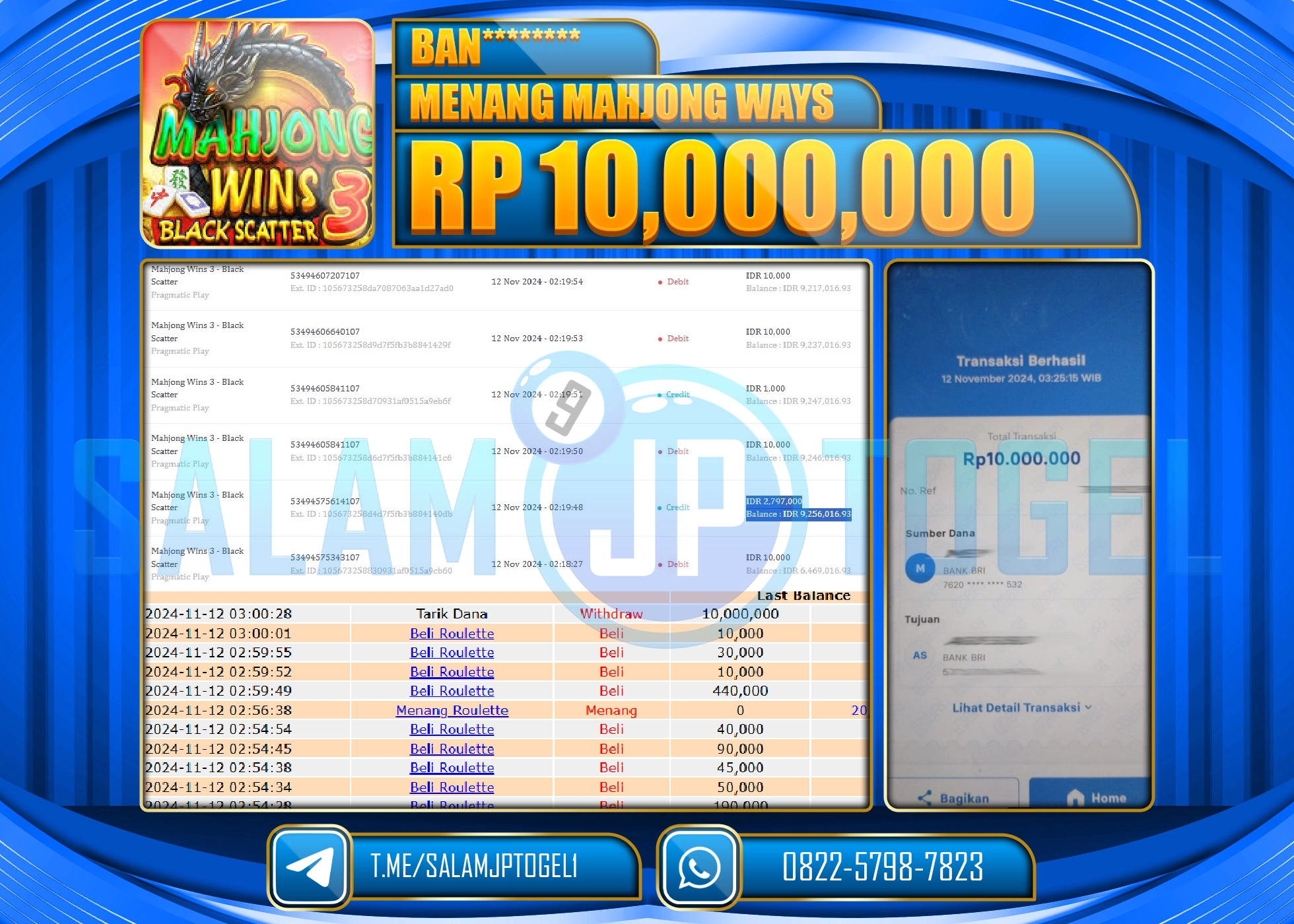 SALAMJPTOGEL MENANG PGSOFT MAHJONG WAYS RP. 10,000,000 LUNAS