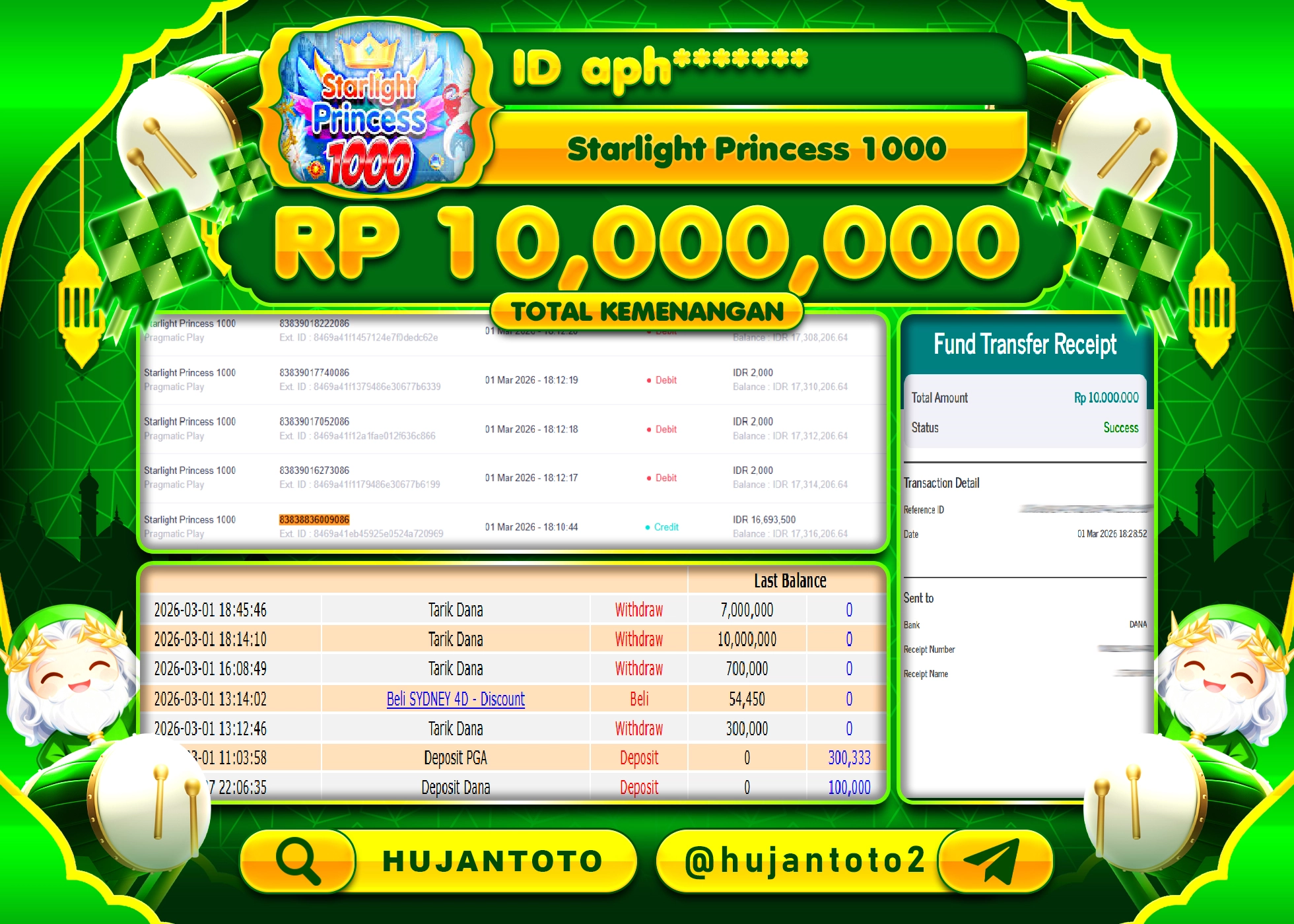 HUJANTOTO - BUKTI JACKPOT MENANG SLOT STARLIGHT PRINCESS 1000  Rp.10,000,000 - TERBAYAR LUNAS