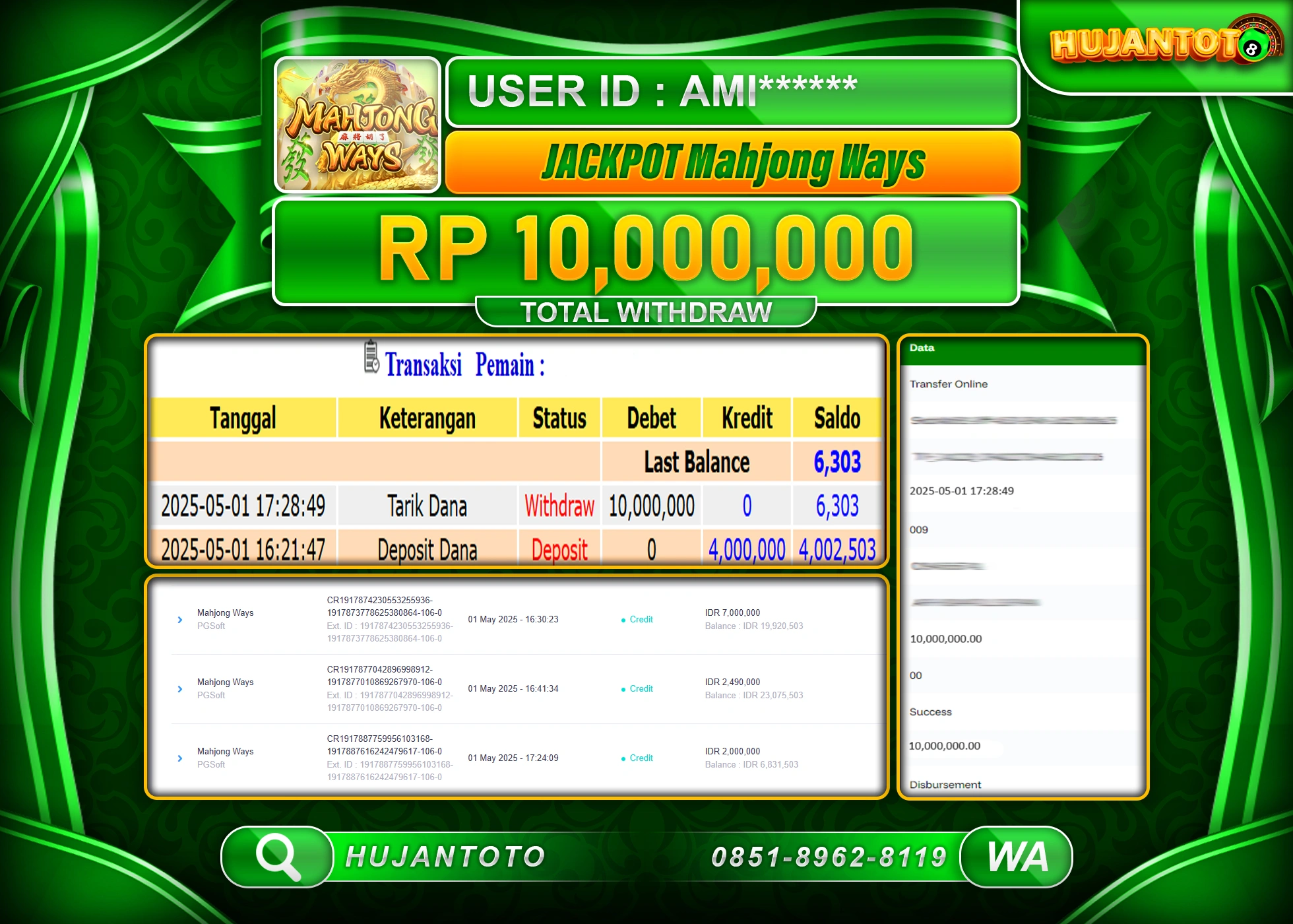 HUJANTOTO - BUKTI JACKPOT MENANG SLOT MAHJONG WAYS Rp,10,000,000 - TERBAYAR LUNAS