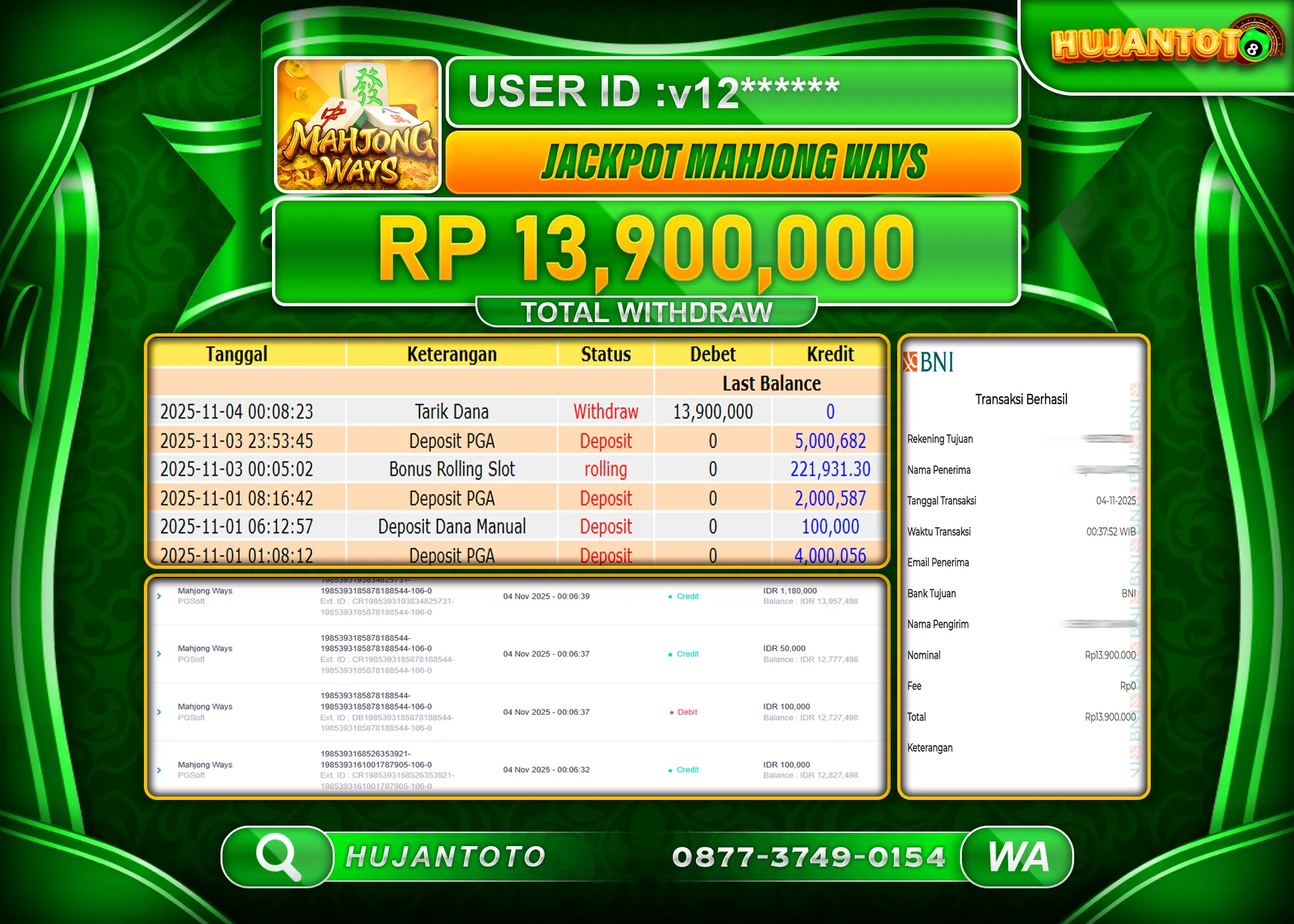 HUJANTOTO - BUKTI JACKPOT MENANG SLOT MAHJONG WAYS Rp.13,900,000 - TERBAYAR LUNAS