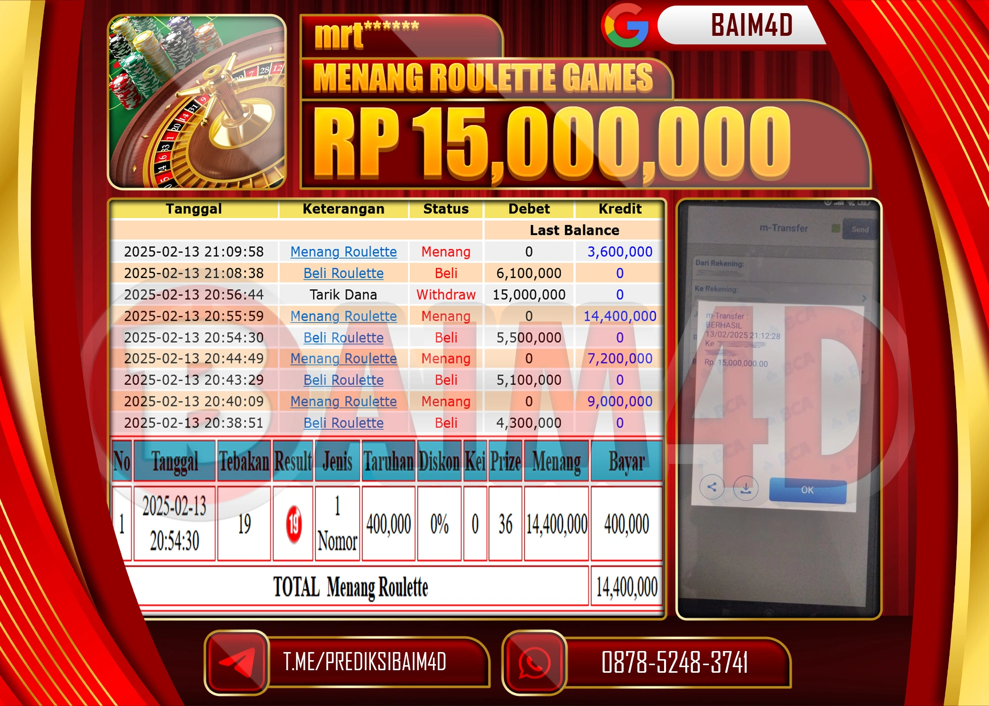 BAIM4D MENANG  MENANG ROULLETE GAMES   Rp.15.000,000.