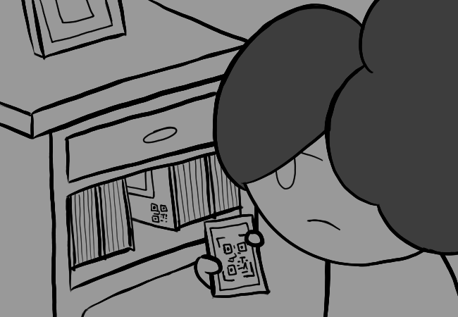 Angelica aiming her phone camera at a QR code.