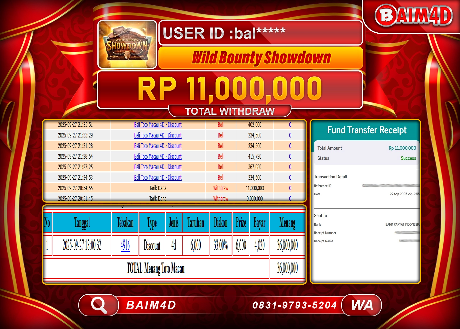 BAIM4D JACKPOT SLOT WILD BOUNTY SHOWDOWN Rp.11,000,000.- LUNAS
