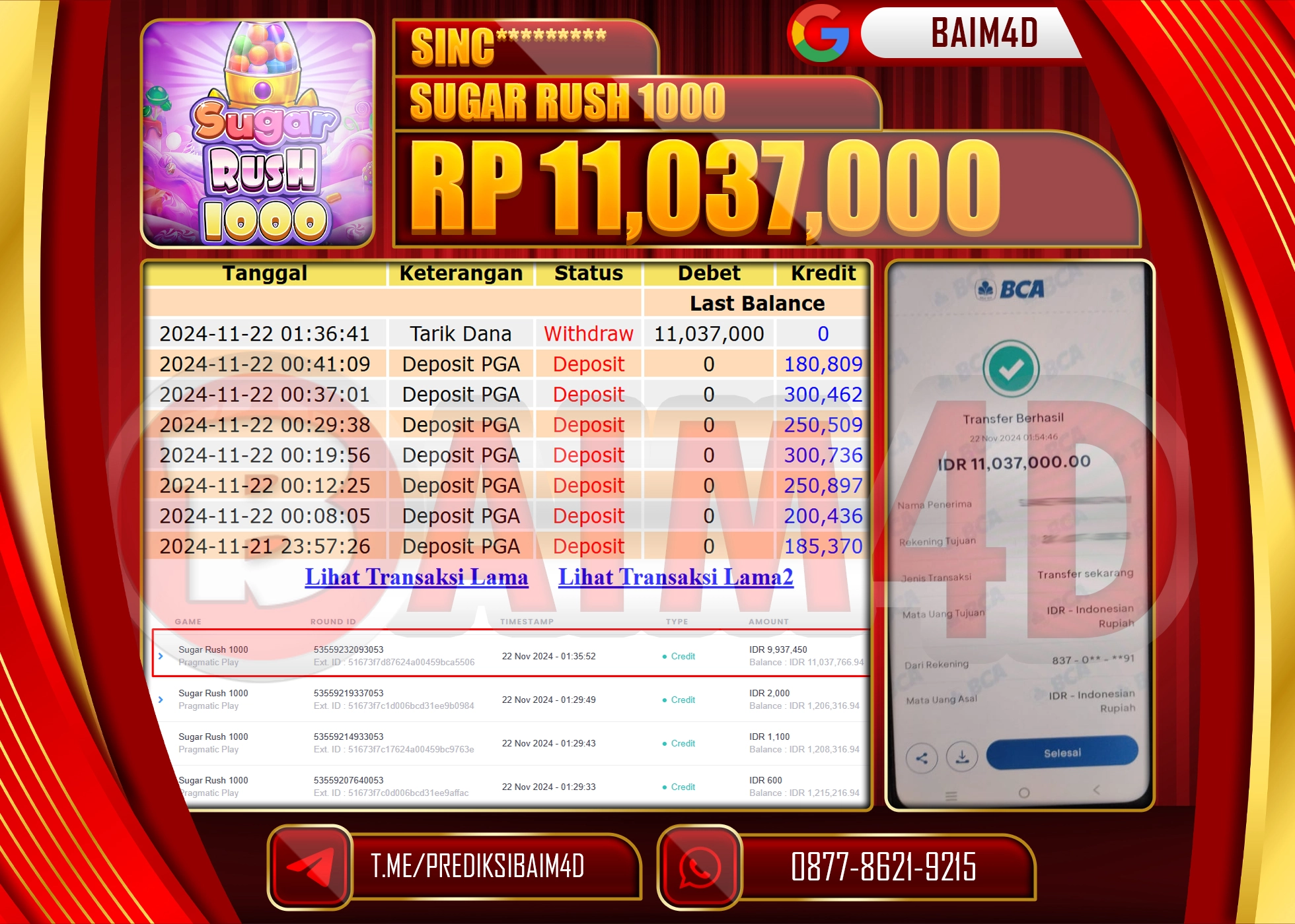 BAIM4D JACKPOT Pragmatic Play SUGAR RUSH 1000 Rp.11.037,000.- LUNAS