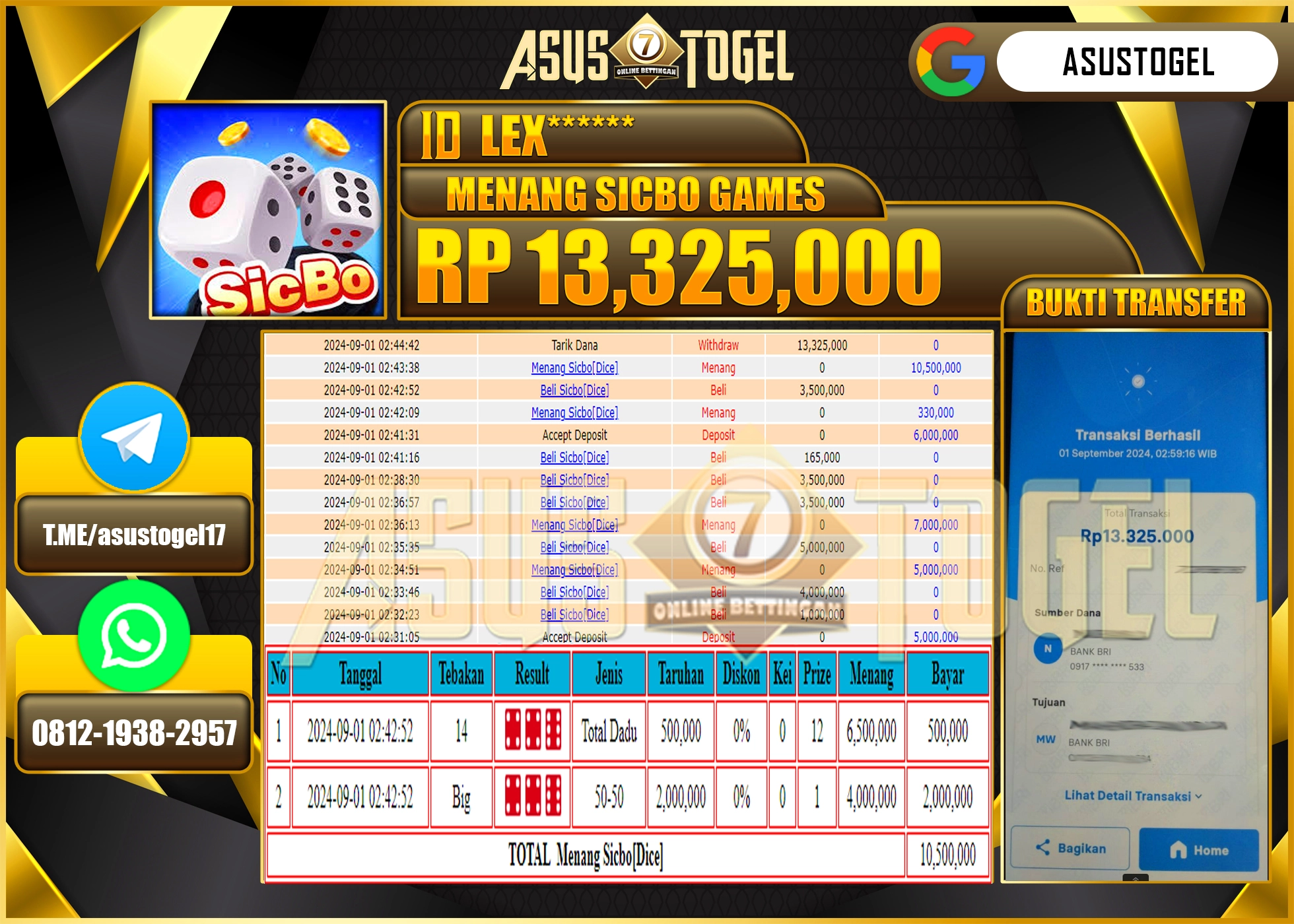ASUSTOGEL KEMENANGAN DI LIVEGAME SICBO GAMES SEBESAR  13,325,000- RUPIAH LUNAS