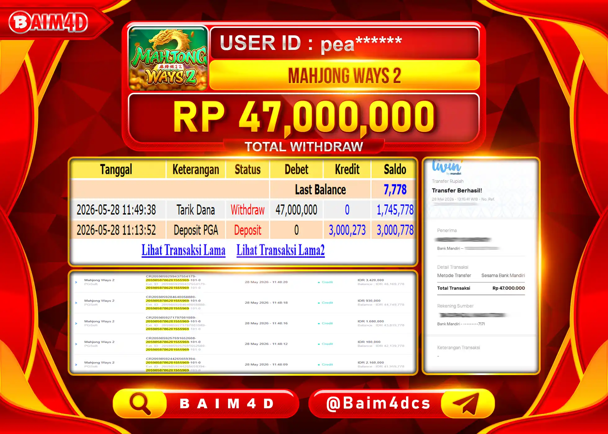 BAIM4D JACKPOT SLOT MAHJONG WAYS 2 Rp.47,000,000 - LUNAS