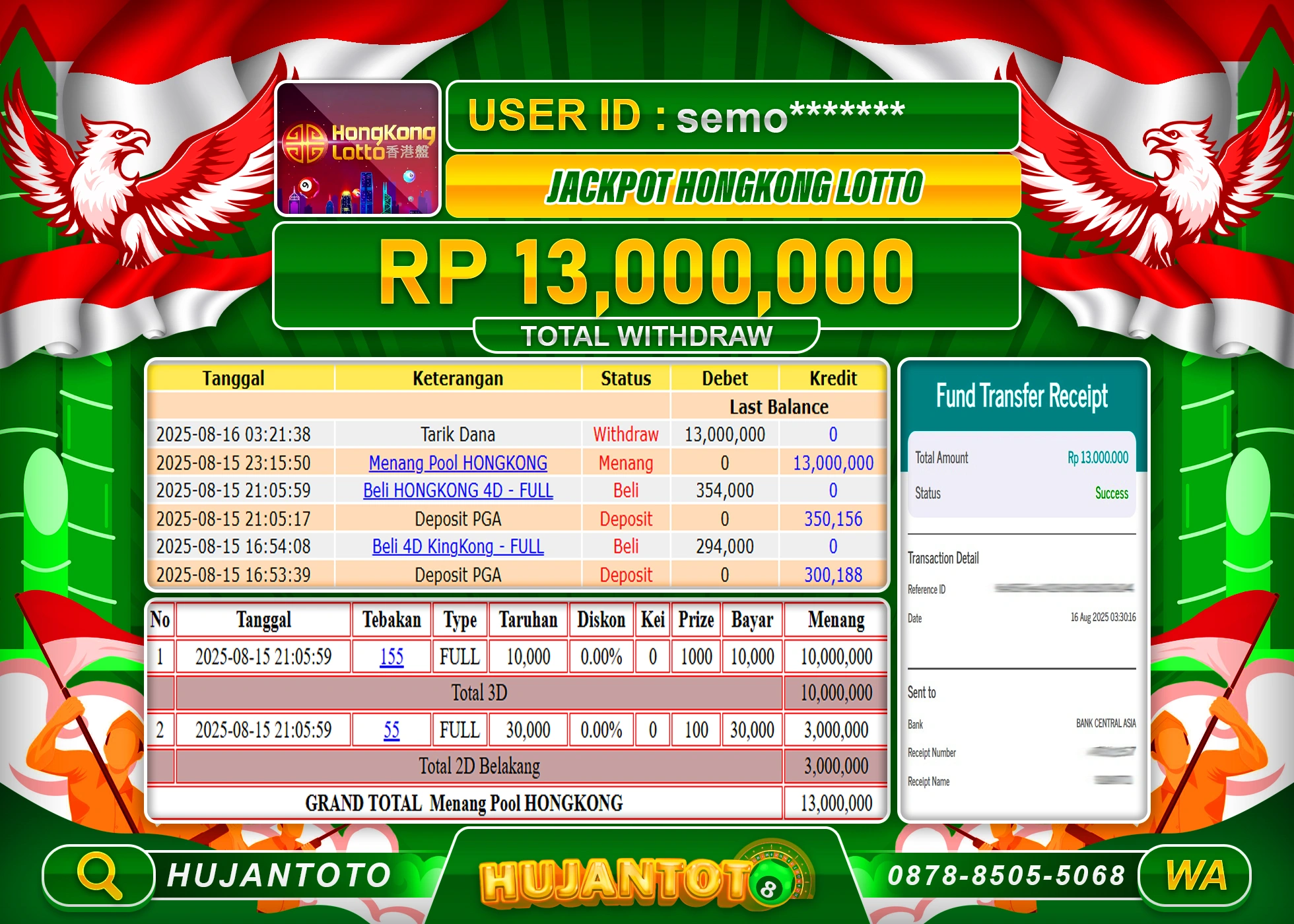 HUJANTOTO - BUKTI JACKPOT MENANG TOGEL HONGKONG LOTTO Rp.13,000,000 - TERBAYAR LUNAS