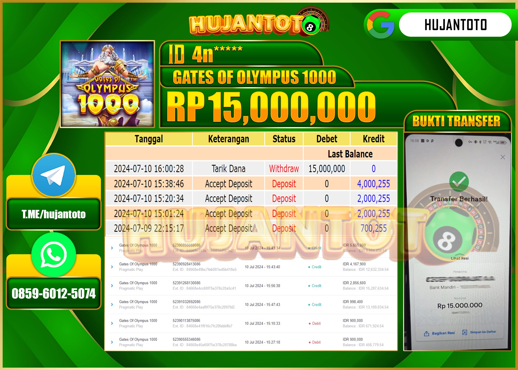 HUJANTOTO MENANG SLOT Gates Of Olympus 1000 (Pragmatic Play)  15.000.000 - LUNAS 