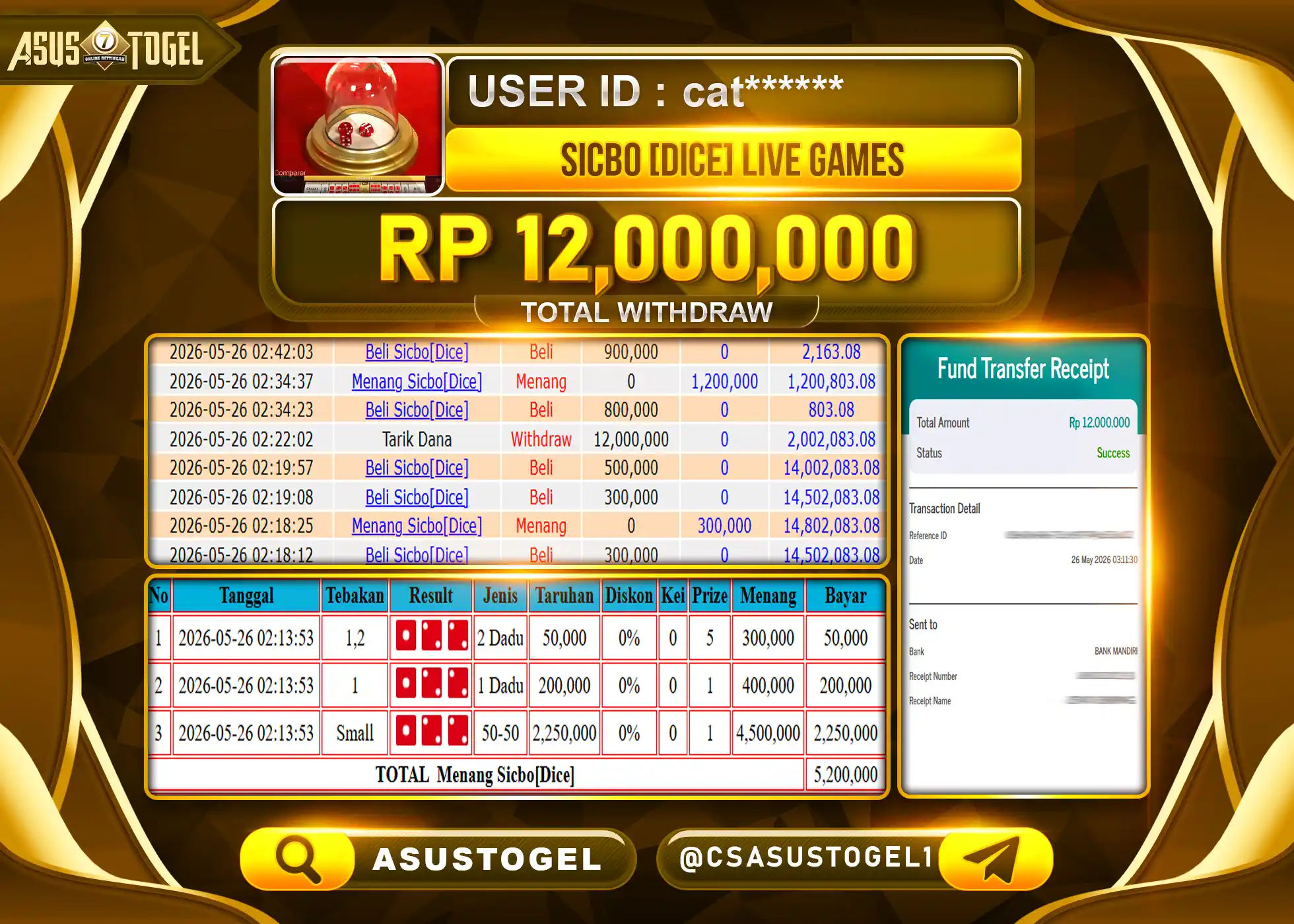 ASUSTOGEL KEMENANGAN JACKPOT PERMAINAN LIVEGAMES SICBO DICE Rp.12,000,000 - RUPIAH LUNAS