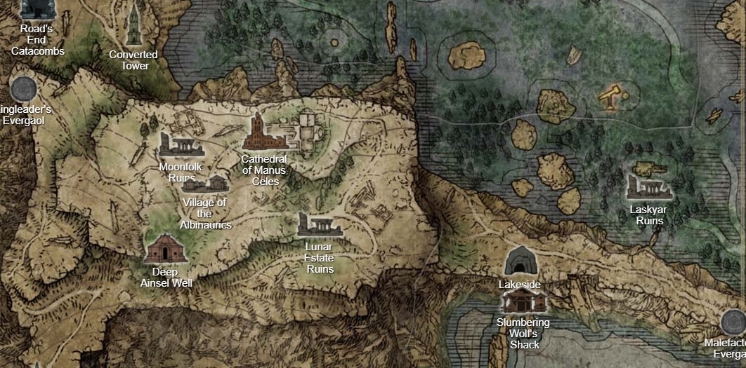 The location of the Village of the Albinaurics where you can find Royal Remains armor set Elden Ring 