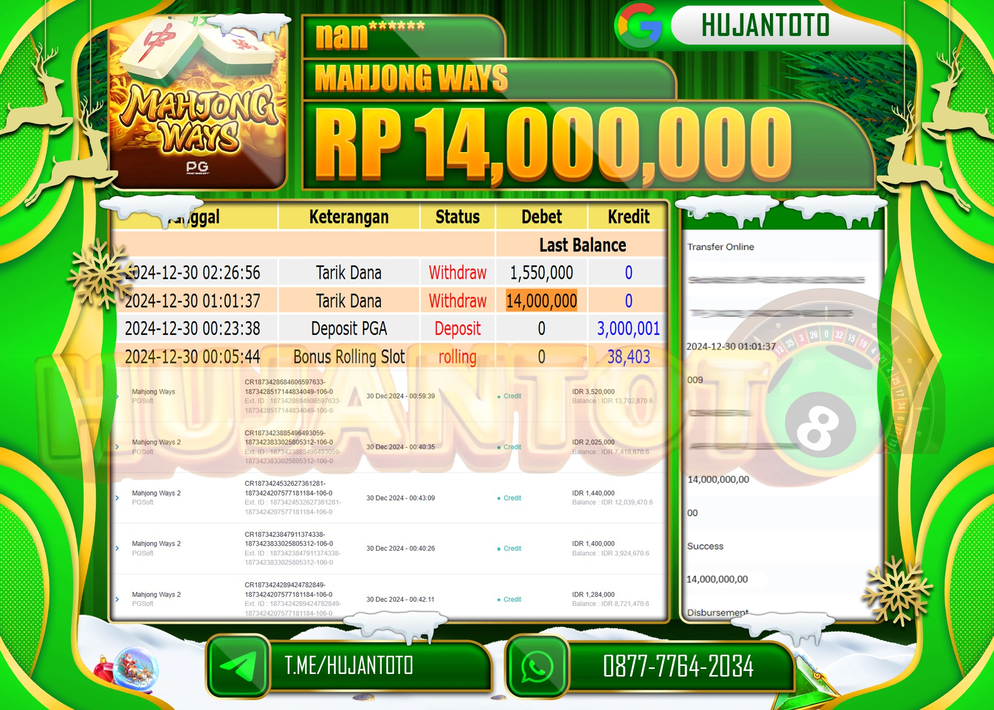 HUJANTOTO SELAMAT ATAS KEMENANGAN YANG DI RAIH DI PERMAINAN SLOT MAHJONG WAYS  SEBESAR 14,000,000 - TERBAYAR LUNAS