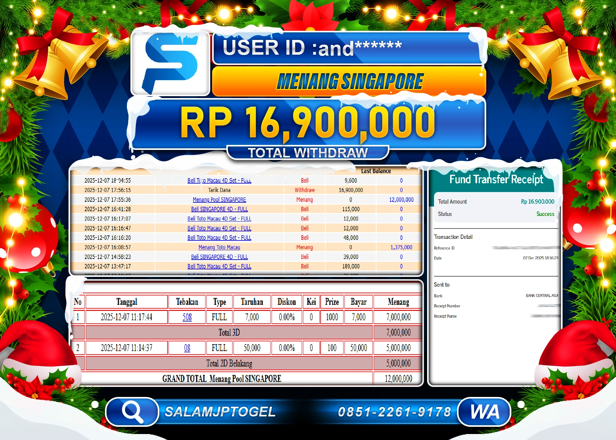 SALAMJPTOGEL JACKPOT TOGEL SINGAPORE POOLS Rp.16,900,000 - LUNAS