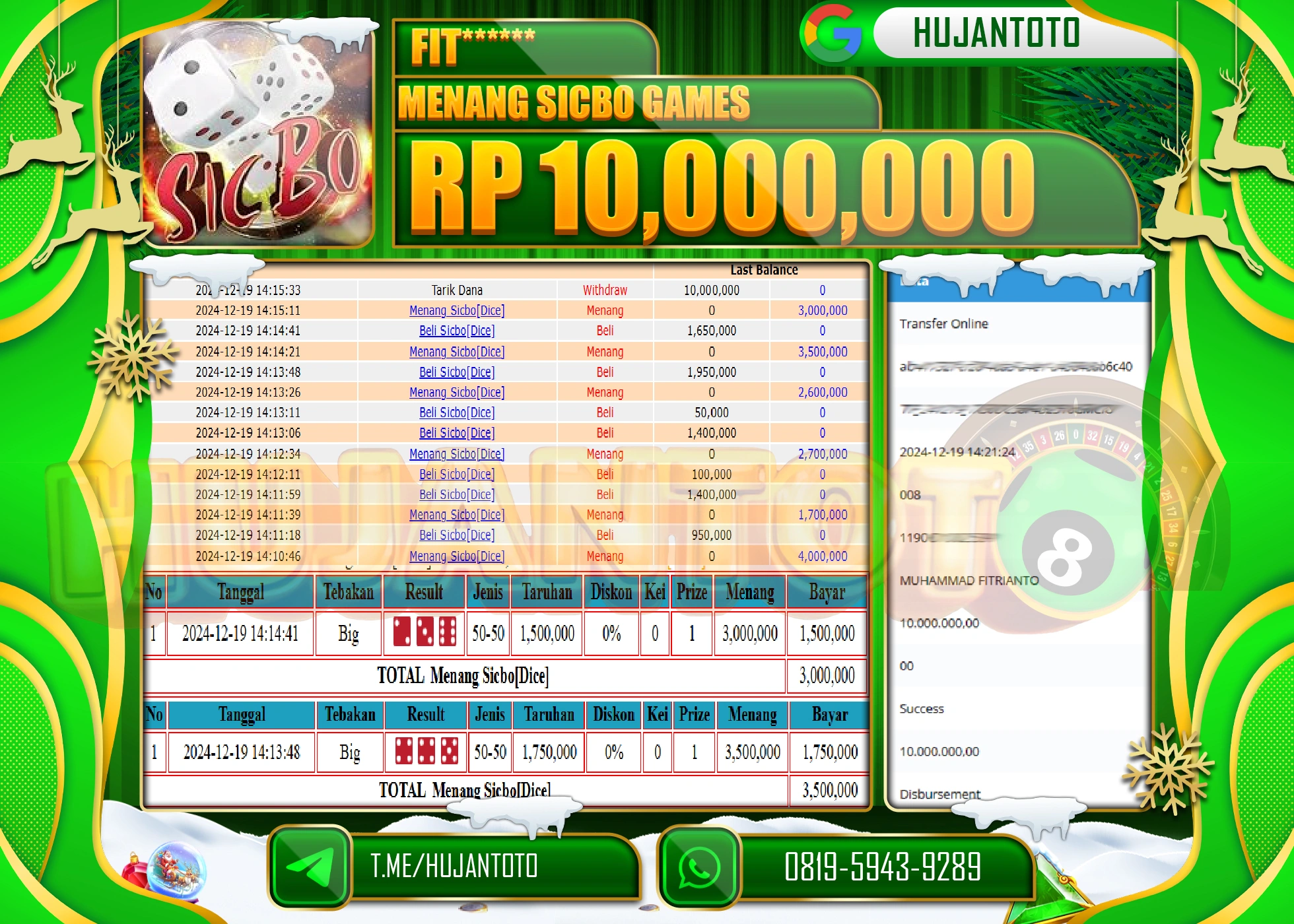 HUJANTOTO ATAS KEMENANGAN YANG DI RAIH DI PERMAINAN LIVE SICBO GAMES SEBESAR - 10,000,000 - TERBAYAR LUNAS