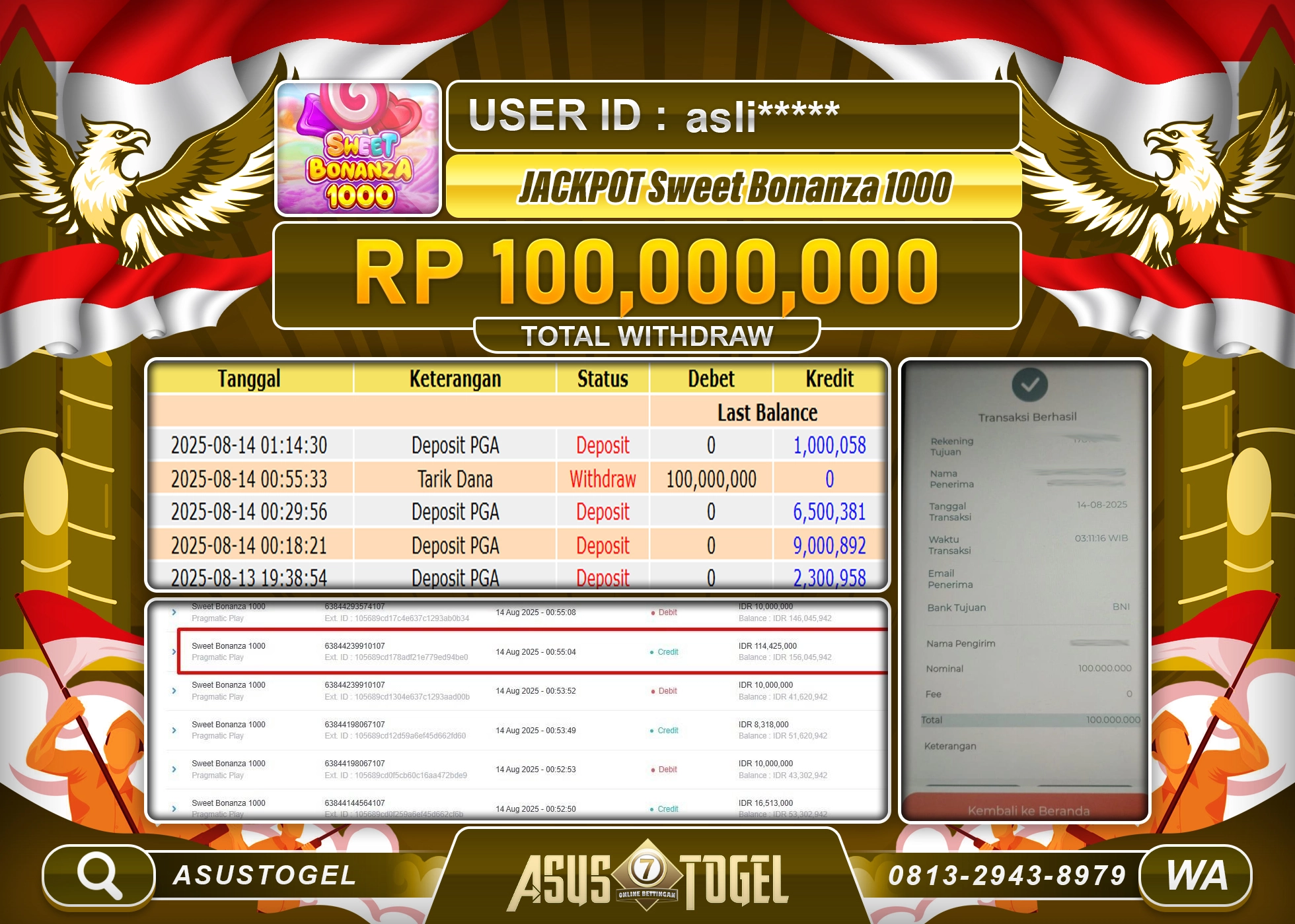 ASUSTOGEL KEMENANGAN DI SLOT SWEET BONANZA 1000 SEBESAR 100,000,000- RUPIAH LUNAS
