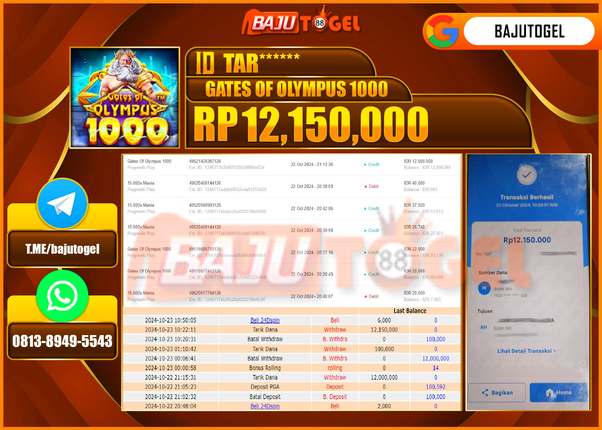 BAJUTOGEL JACKPOT GATES OF OLYMPUS 1000 Rp 12,150,000 LUNAS