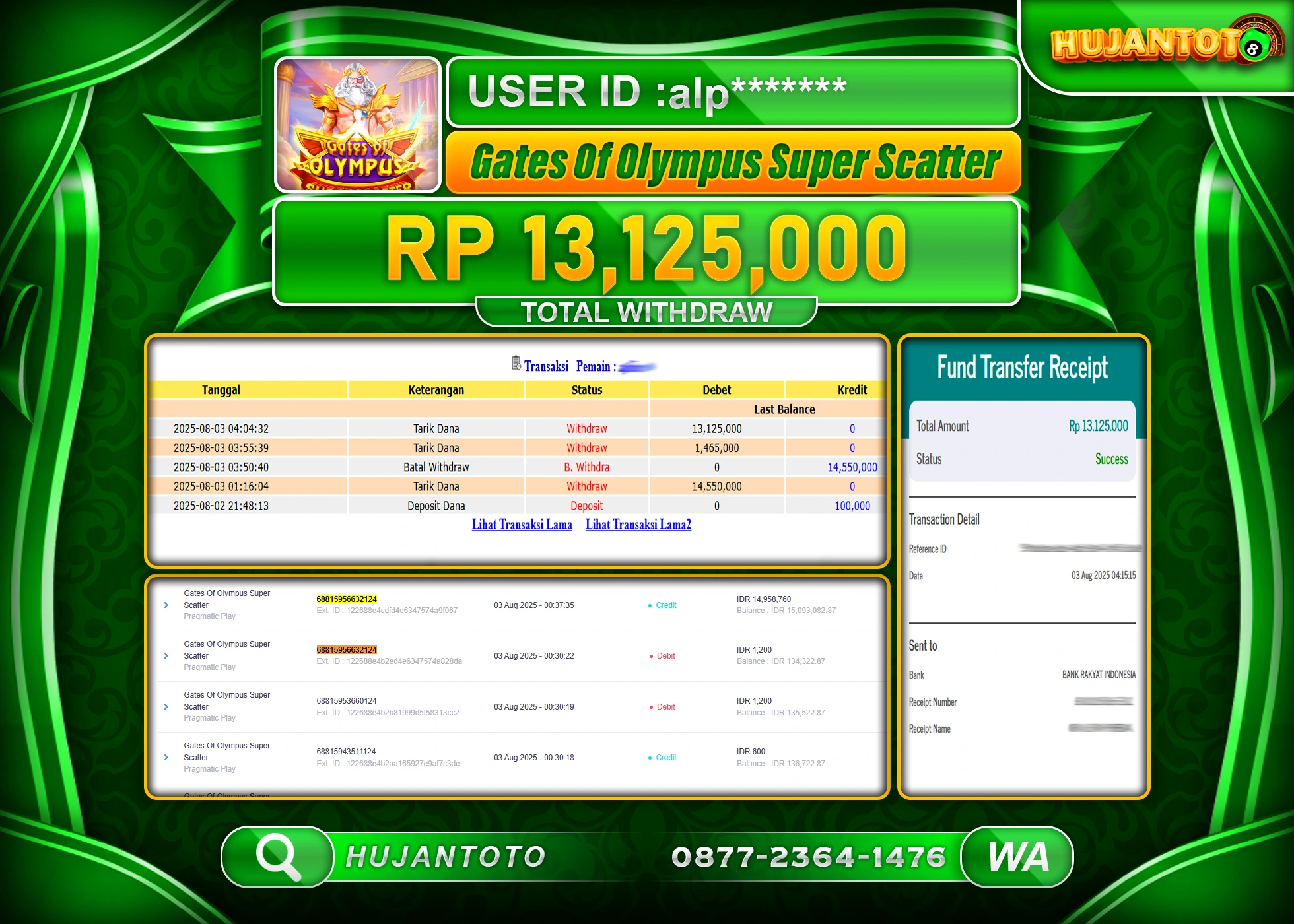 HUJANTOTO - BUKTI JACKPOT MENANG GATES OF OLYMPUS SUPER SCATER Rp.13,125,000 - TERBAYAR LUNAS