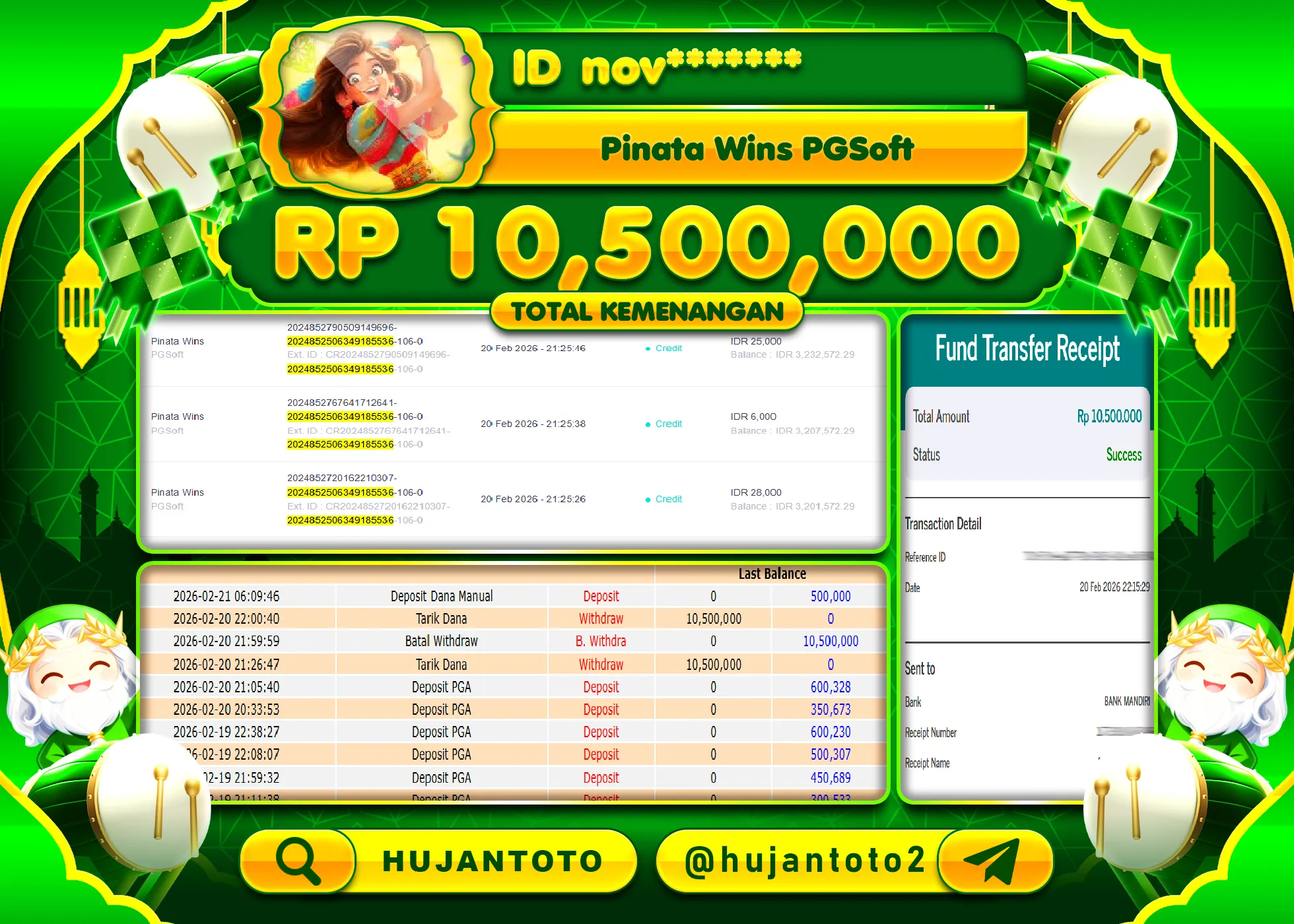 HUJANTOTO - BUKTI JACKPOT MENANG SLOT PINATA WINS - PGSOFT Rp.10,500,000 - TERBAYAR LUNAS