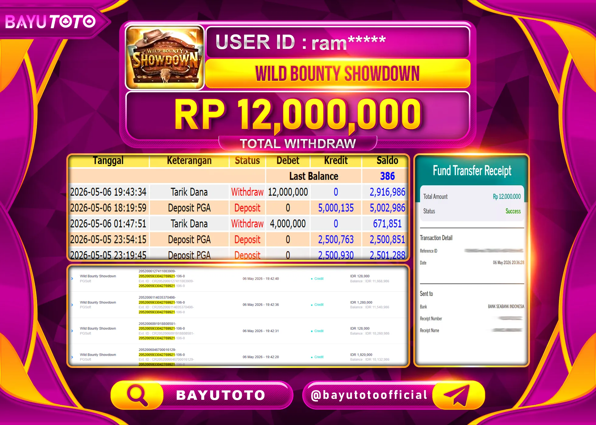 SELAMAT MEMBER SETIA BAYUTOTO JACKPOT DI SLOT WILD BOUNTY SHOWDOWN Rp. 12,000,000 LUNAS