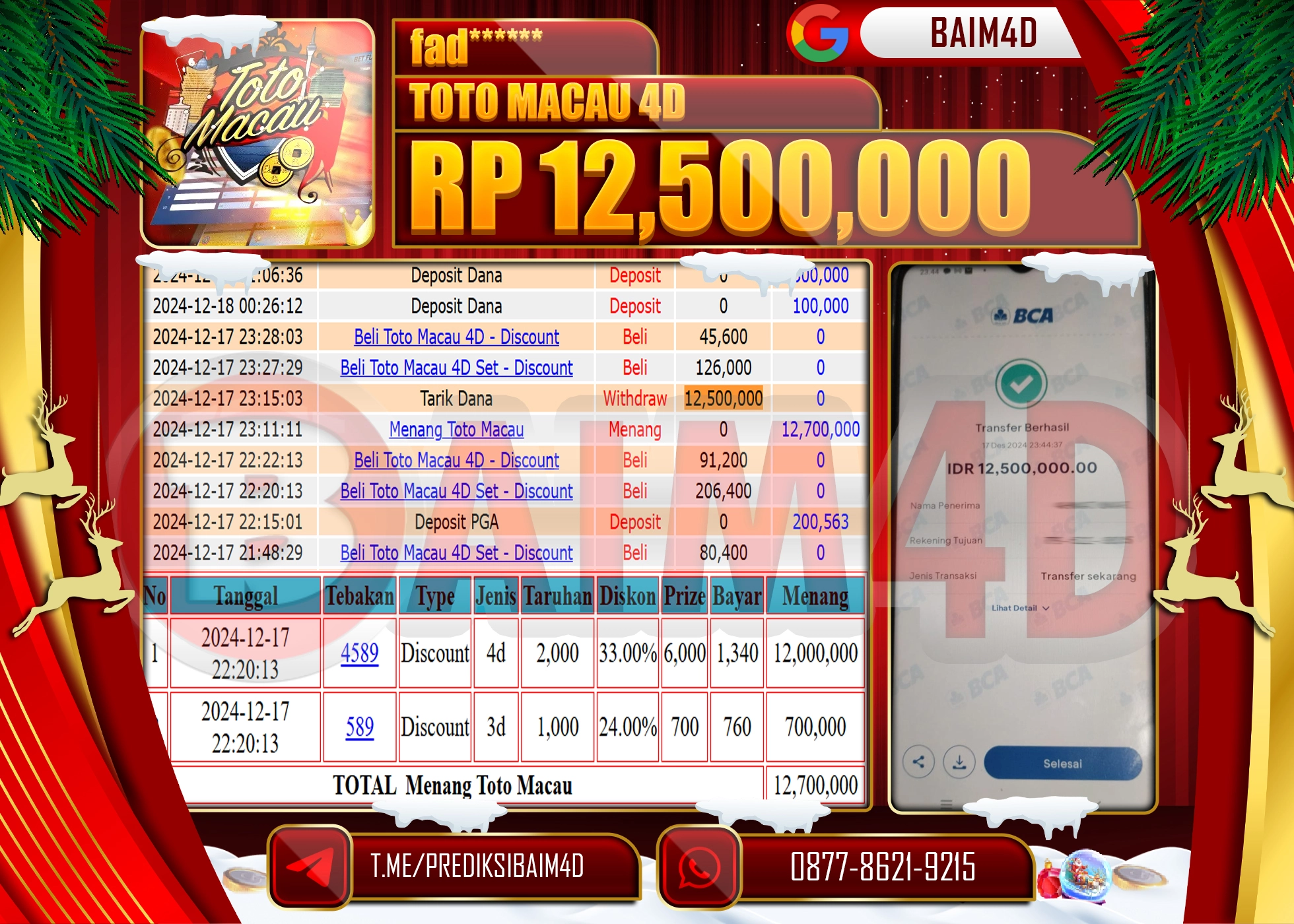 BAIM4D JACKPOT MENANG TOTO MACAU 4D POOLS Rp.12.500,000.- LUNAS