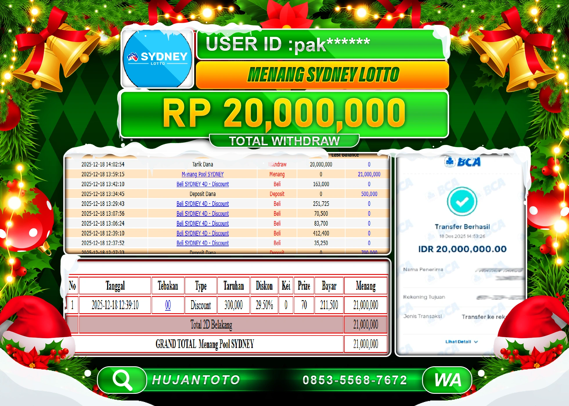 HUJANTOTO - BUKTI JACKPOT MENANG TOGEL SYDNEY LOTTO Rp.20,000,000 - TERBAYAR LUNAS