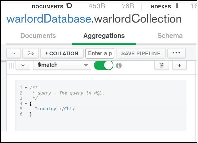 MongoDB Compass Community Aggregation Pipeline Builder, using $match operator to filter document results