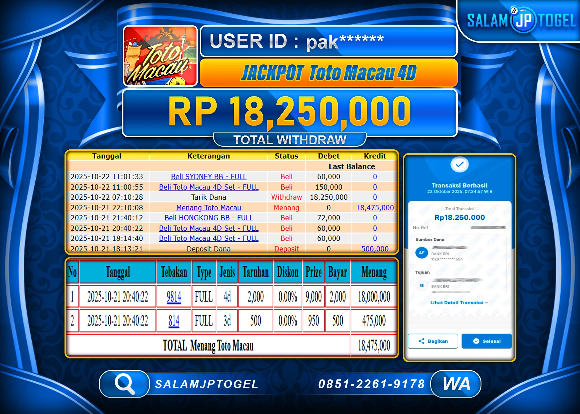 SALAMJPTOGEL MENANG Toto Macau 4D Rp.18,250,000  - LUNAS