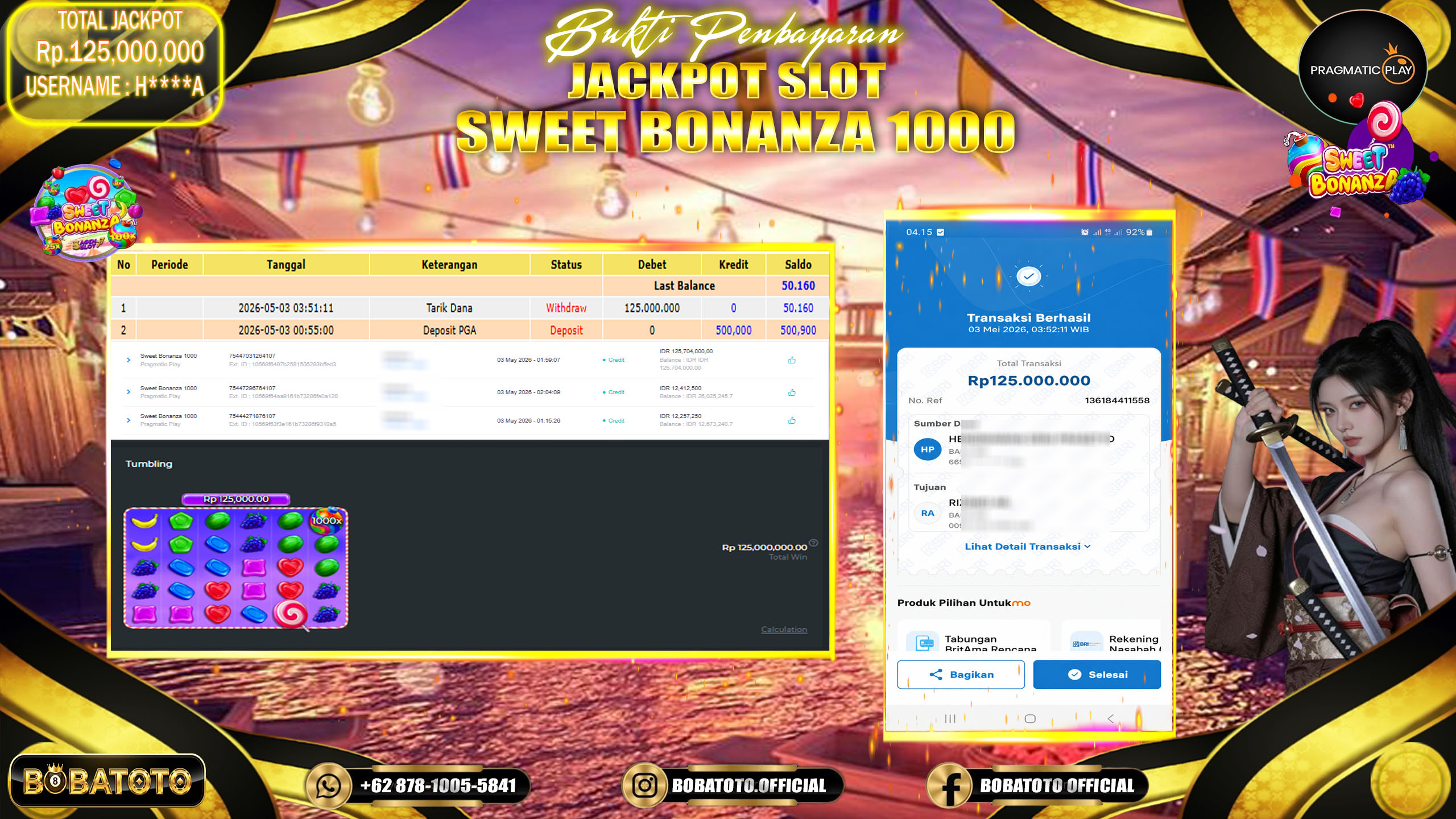 BOBATOTO JACKPOT SLOT SWEET BONANZA 1000 PRAGMATIC PLAY  Rp.125,000,000,- LUNAS!!!