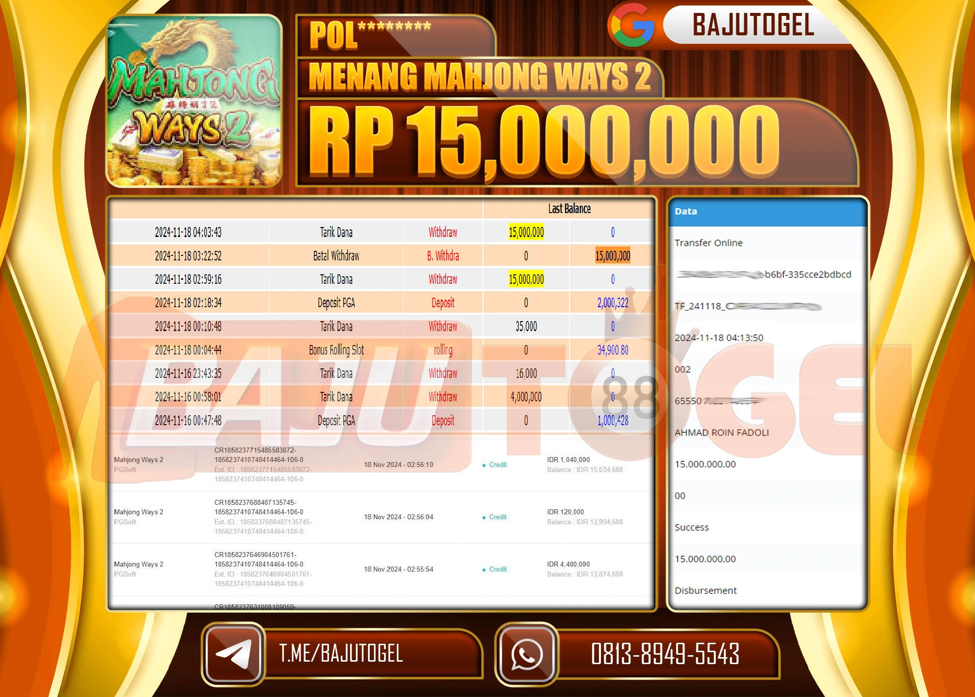 BAJUTOGEL JACKPOT MENANG MAHJONG WAYS 2 Rp.15.000.000 LUNAS
