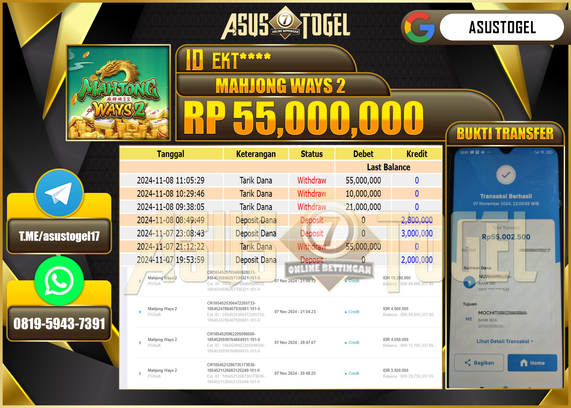ASUSTOGEL KEMENANGAN DI SLOT MAHJONG WAYS 2  SEBESAR 55,000,000- RUPIAH LUNAS