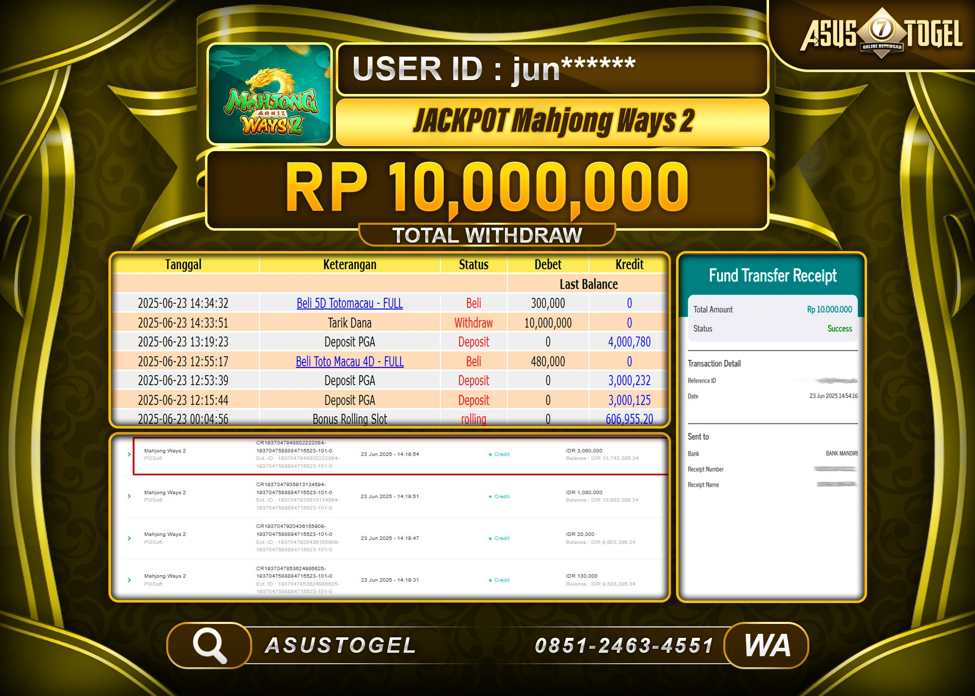ASUSTOGEL KEMENANGAN DI SLOT MAHJONG WAYS 2 SEBESAR 10,000,000- RUPIAH LUNAS