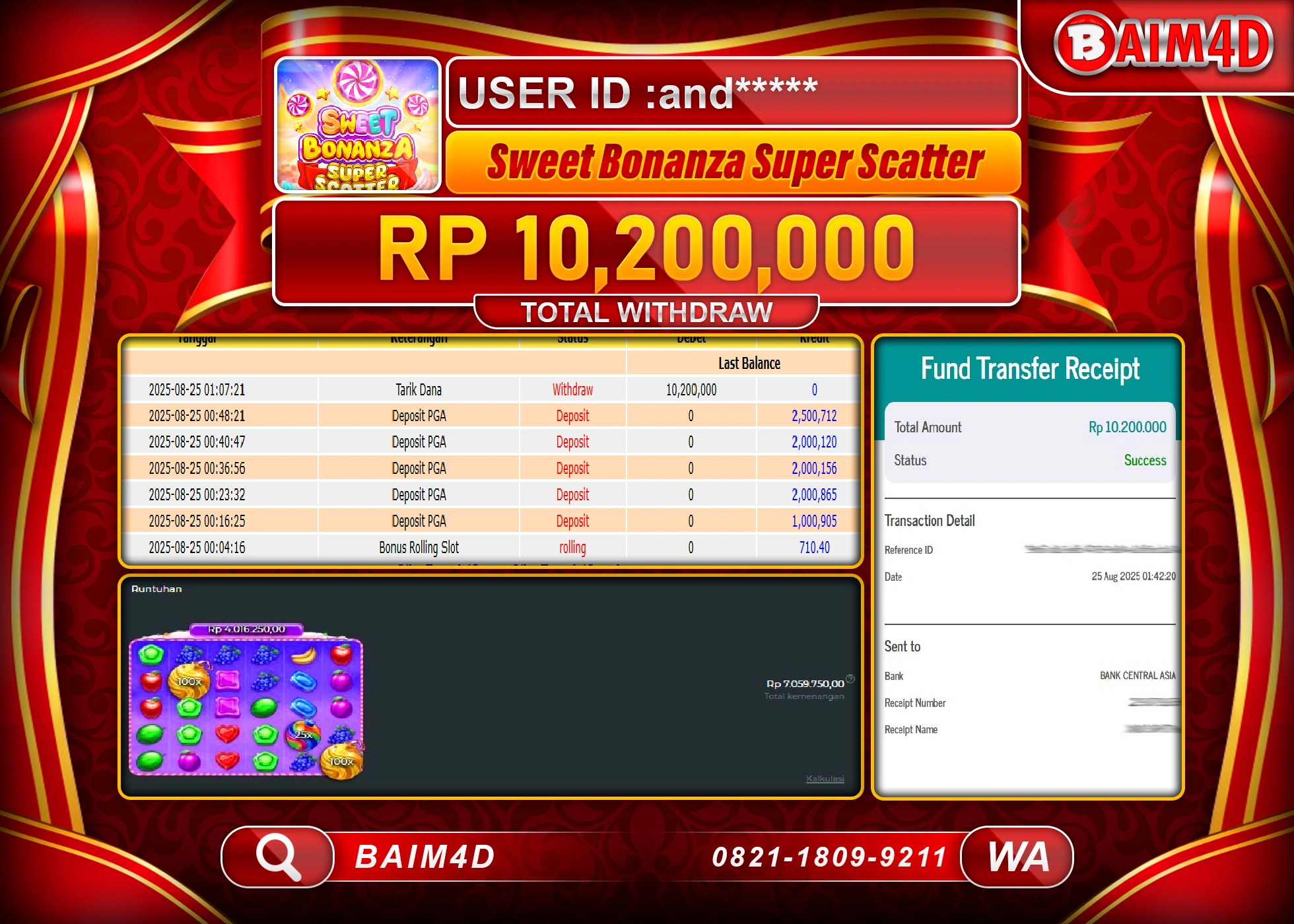 BAIM4D JACKTPOT SWEET BONANZA SUPER SCATTER Rp.10,200,000.- LUNAS