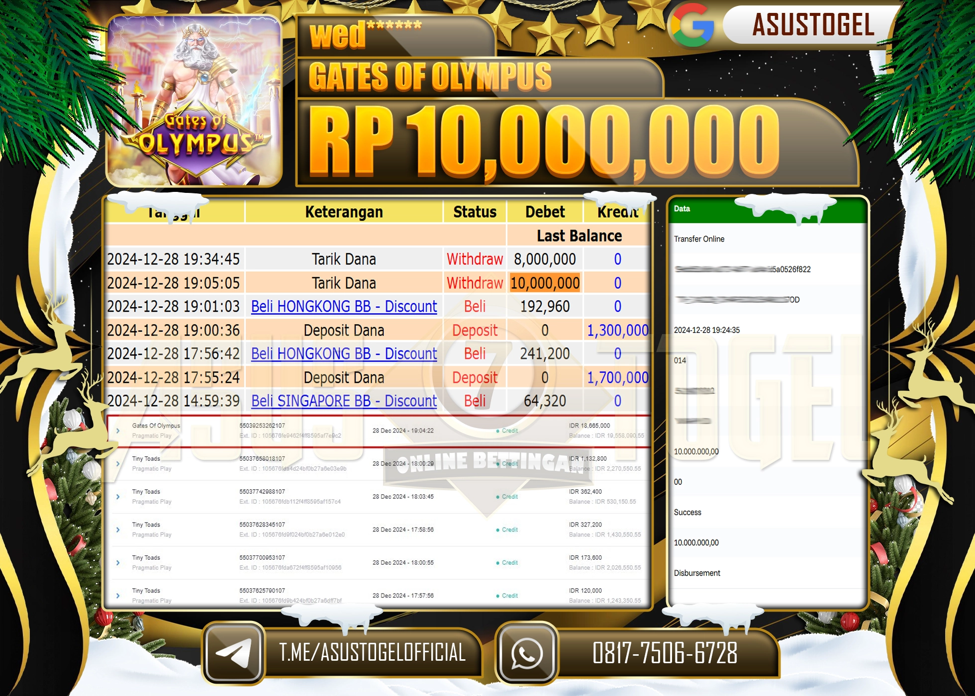 ASUSTOGEL KEMENANGAN DI SLOT GATES OF OLYMPUS SEBESAR 10,000,000- RUPIAH LUNAS